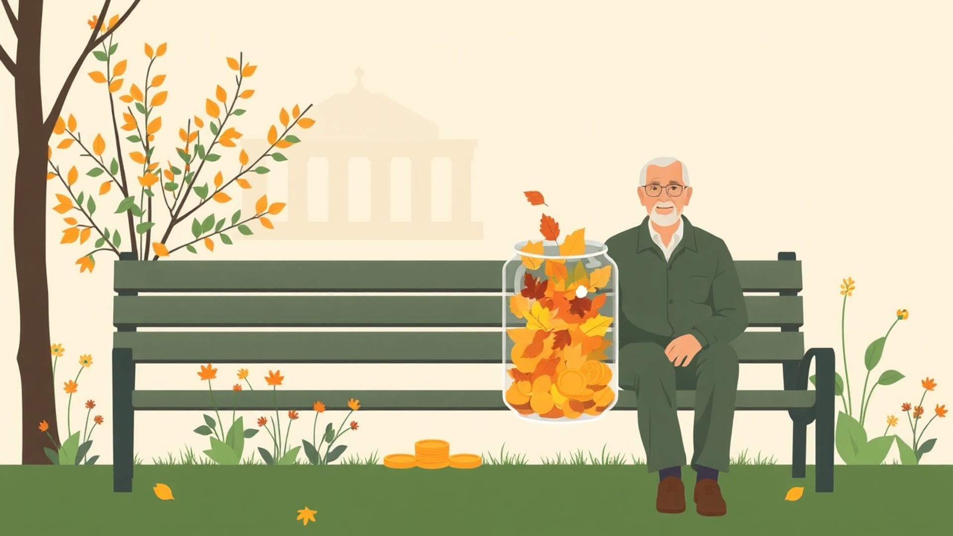 Illustration of an older man sitting on a park bench beside a large glass jar filled with golden autumn leaves