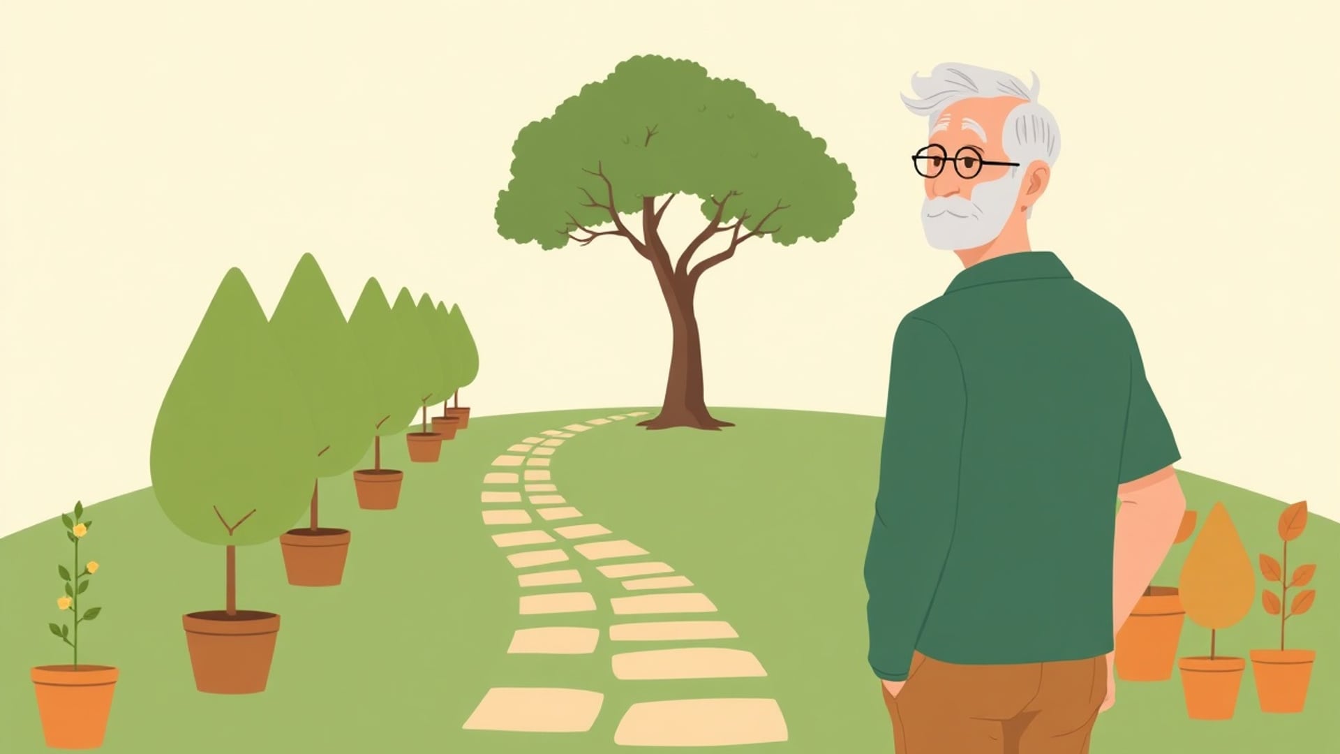 Illustration of an older man at a fork in a garden path, one path leading to a long row of small potted trees