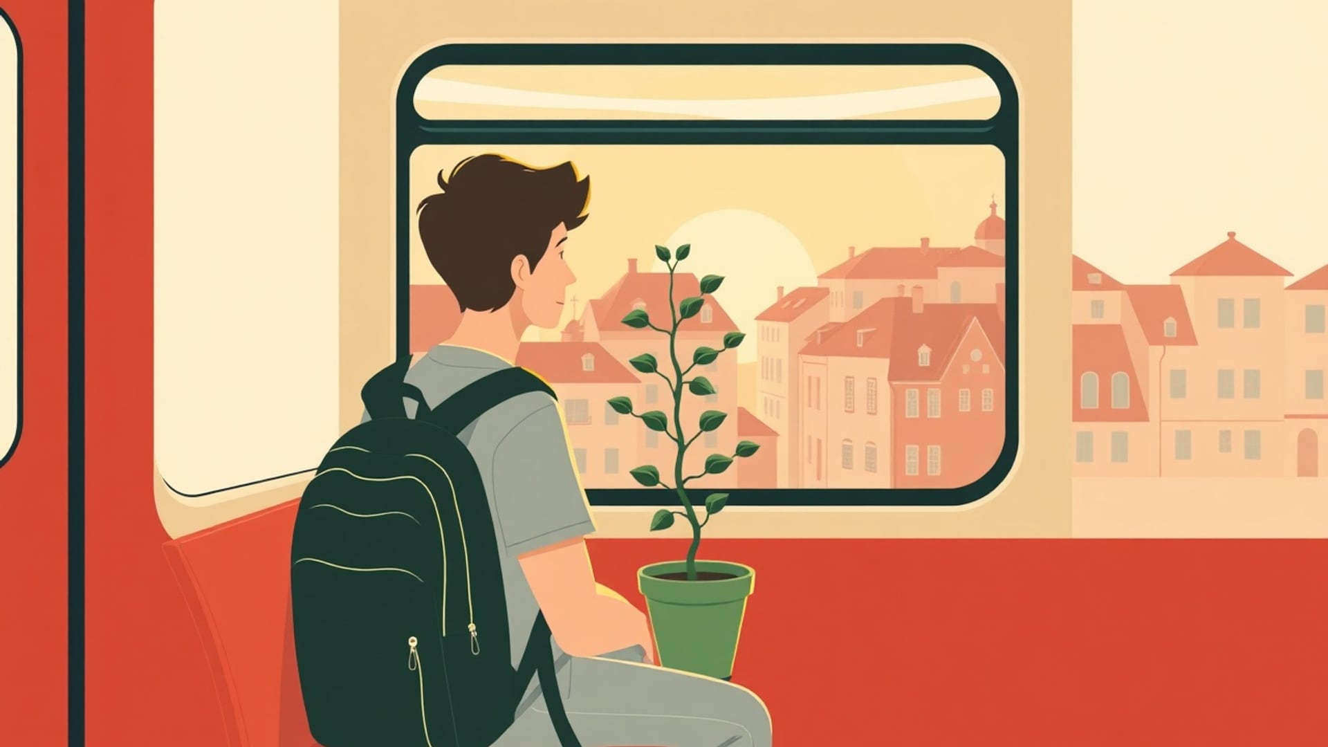 Illustration of a young person riding a tram through a European old town at sunrise