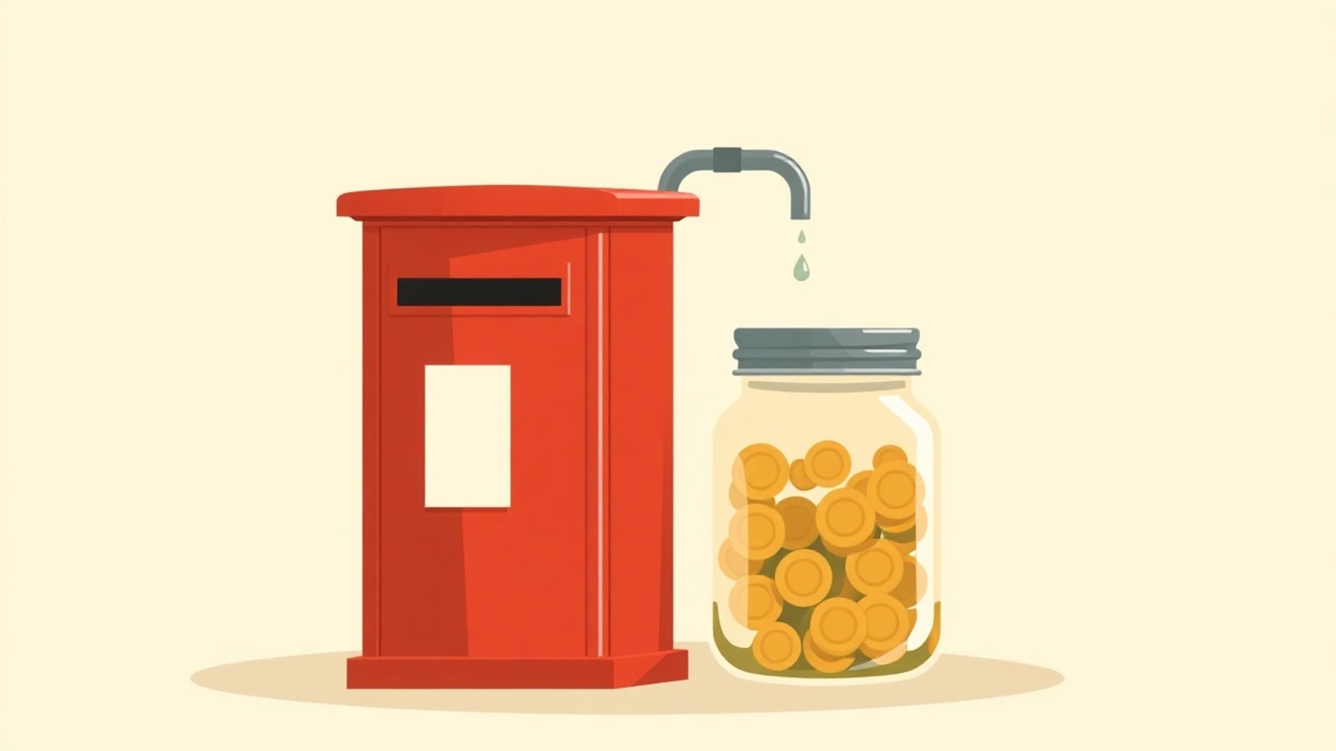 Illustration of a small red post box beside a glass jar of coins filling drop by drop from a tap