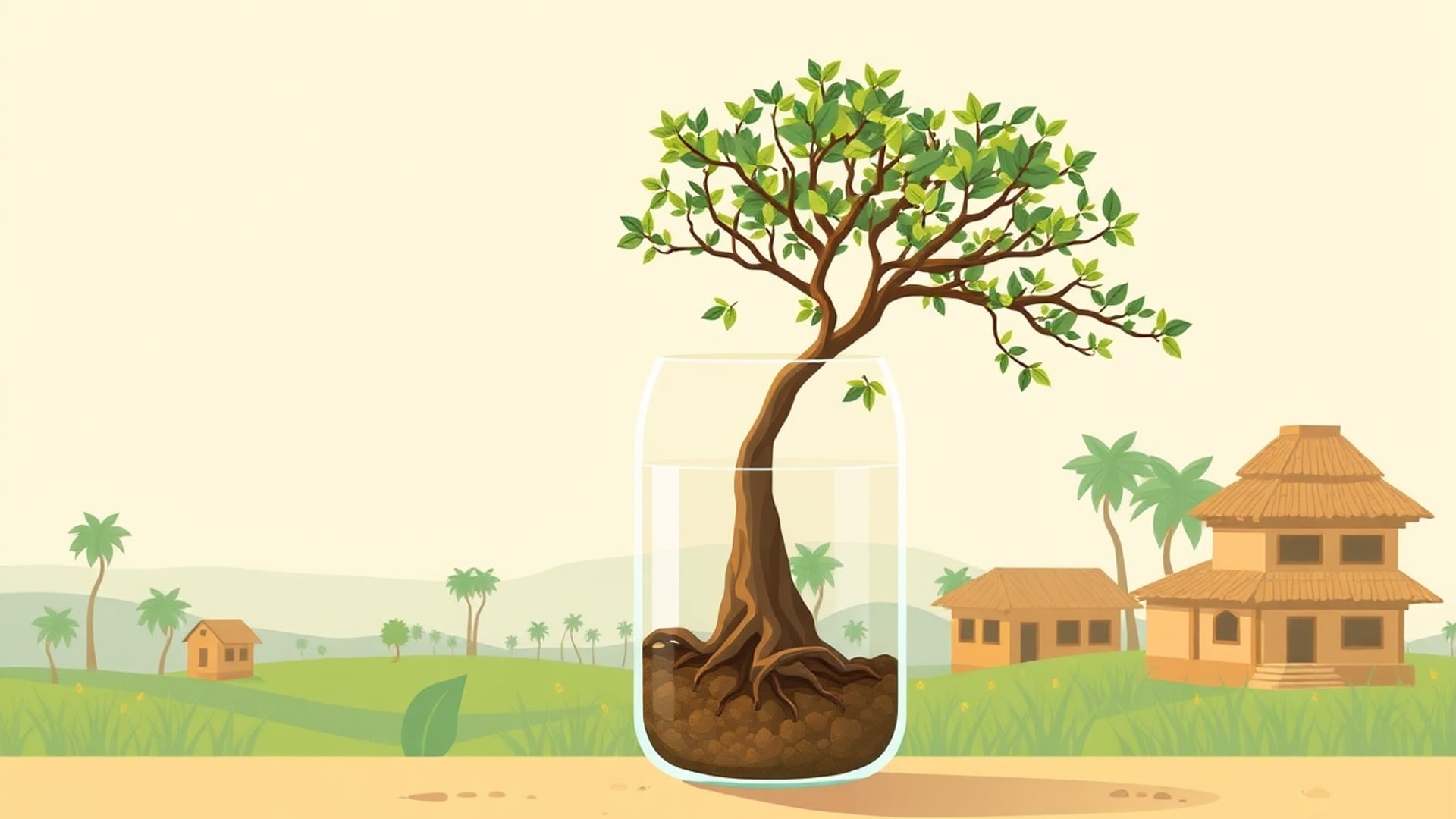 Illustration of a small sapling growing into a tall banyan tree over fifteen seasons inside a glass jar
