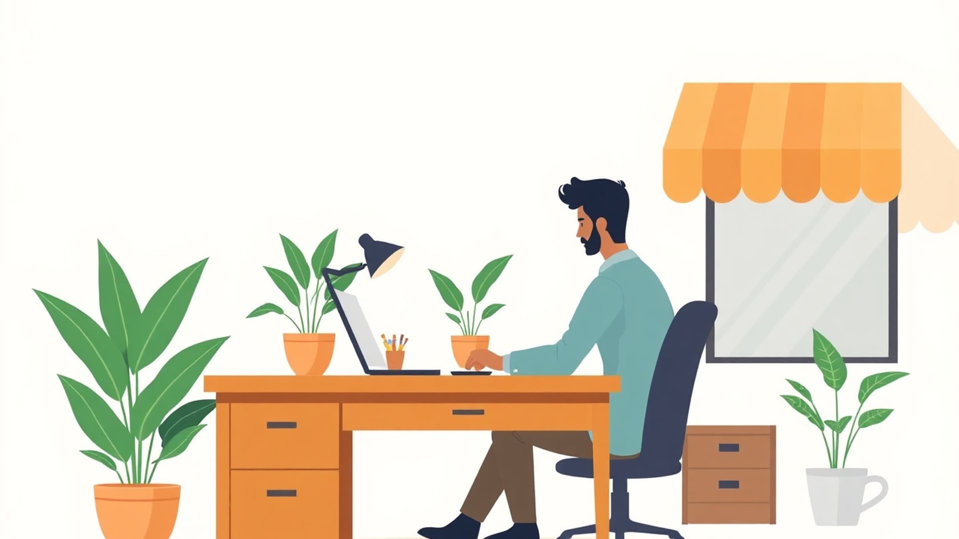 Illustration of an Indian freelancer working at a tidy wooden desk with a potted plant