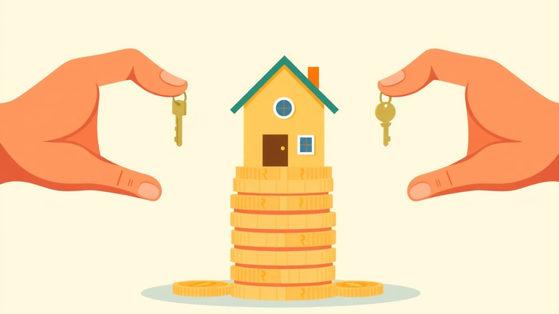 Illustration of a small house on a stack of coins between two hands holding keys