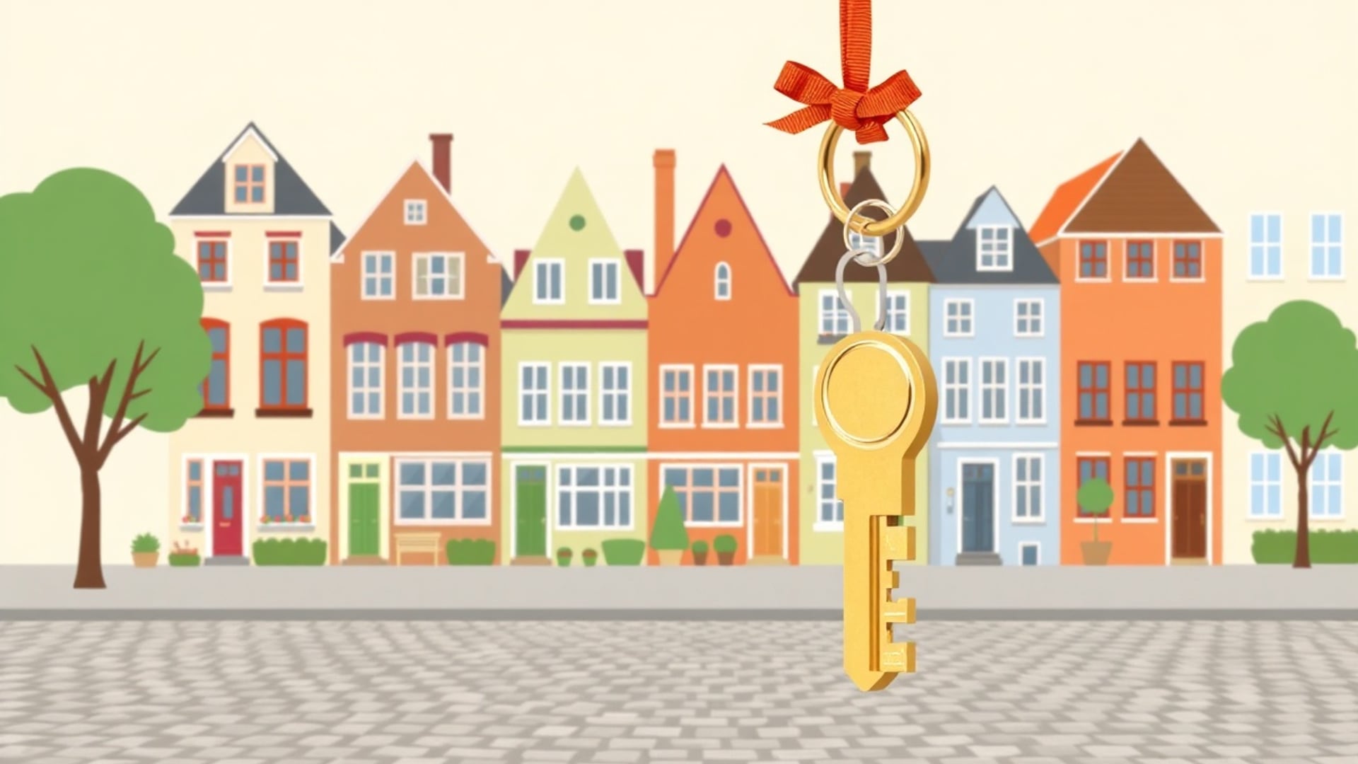 Illustration of a row of colourful European townhouses of different heights on a cobbled street
