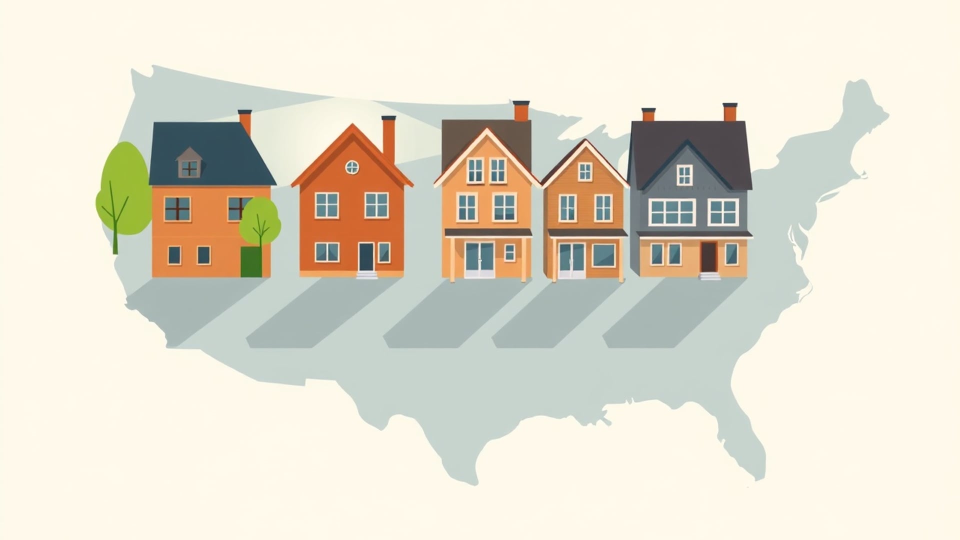 Illustration of a row of different suburban houses standing on a stylised map of the United States