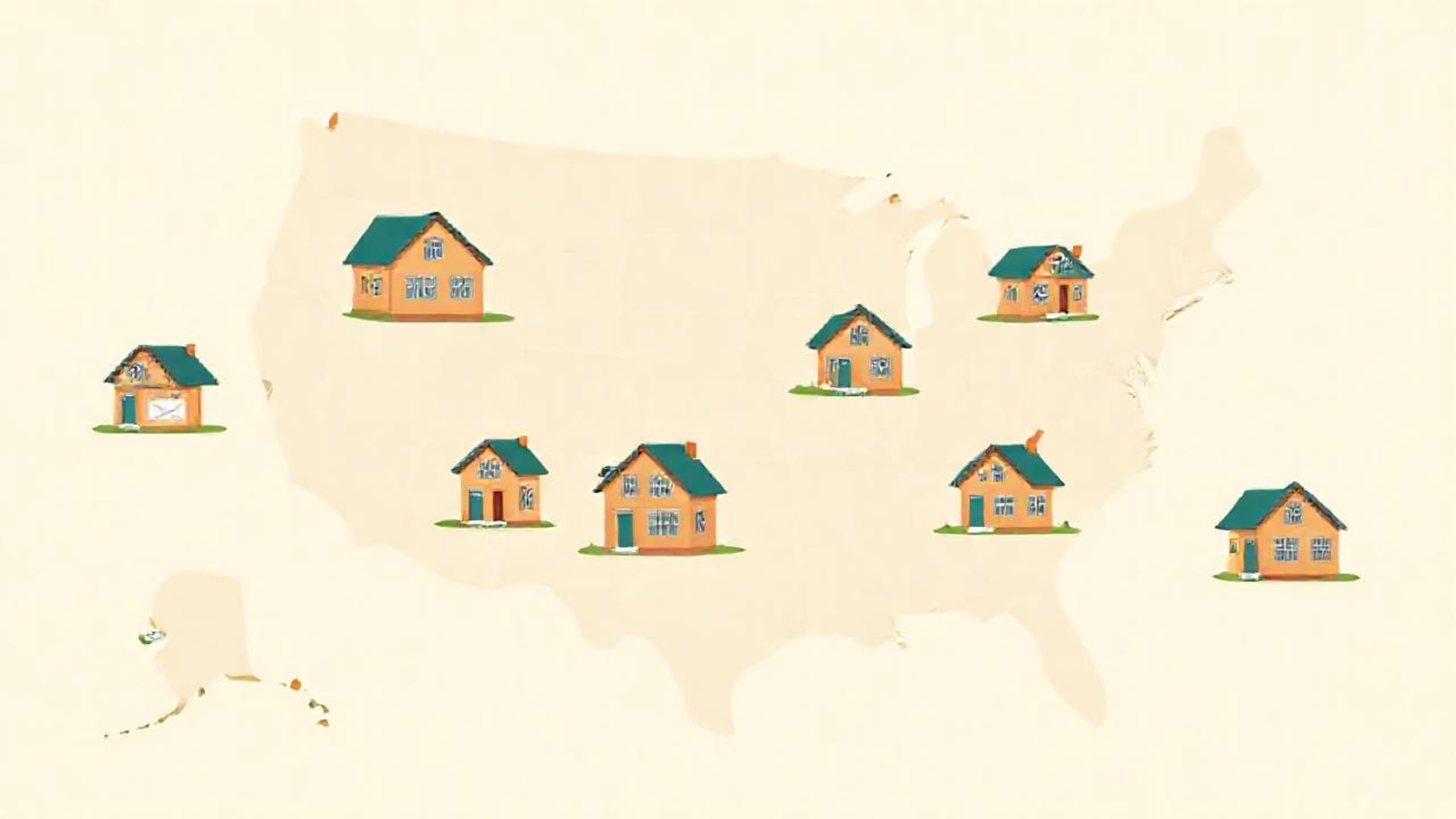 Illustration of the same small house repeated across a map of the United States