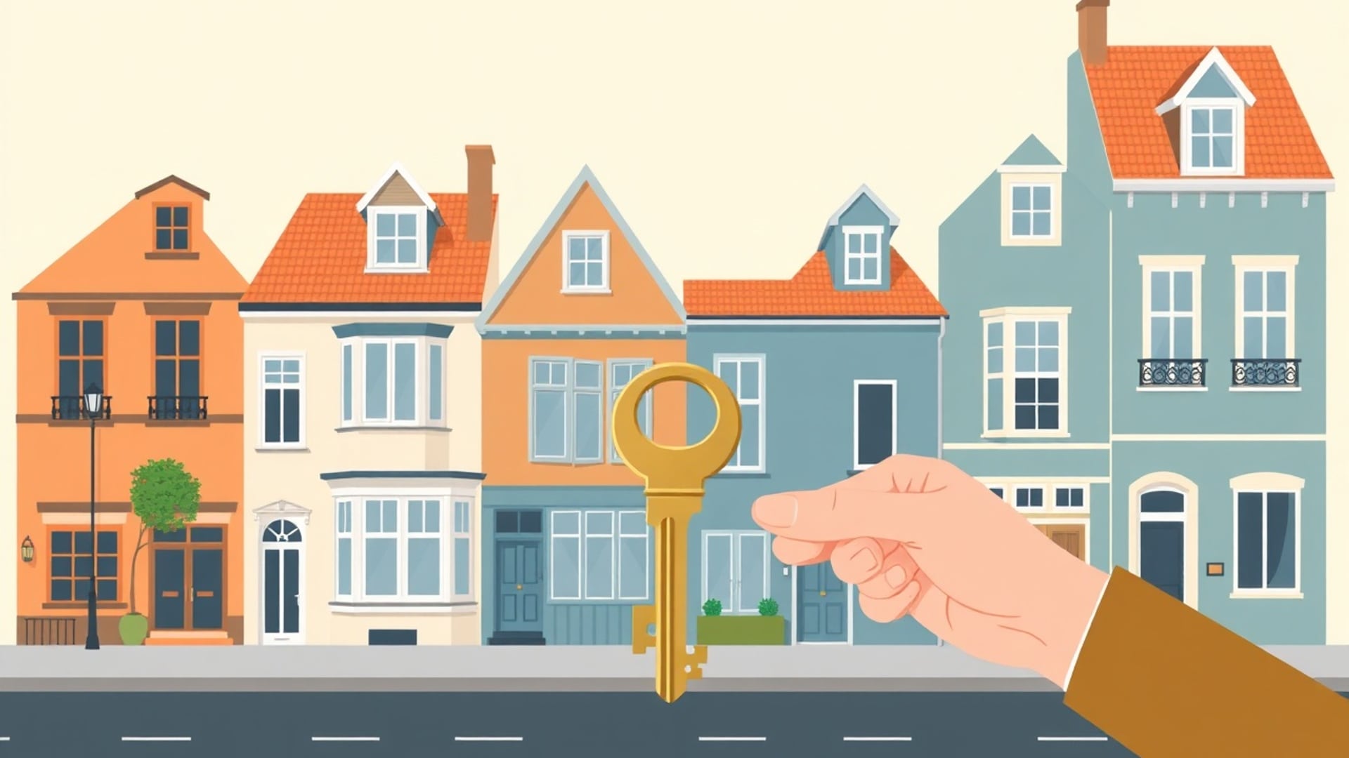 Illustration of a row of different European townhouses along a street