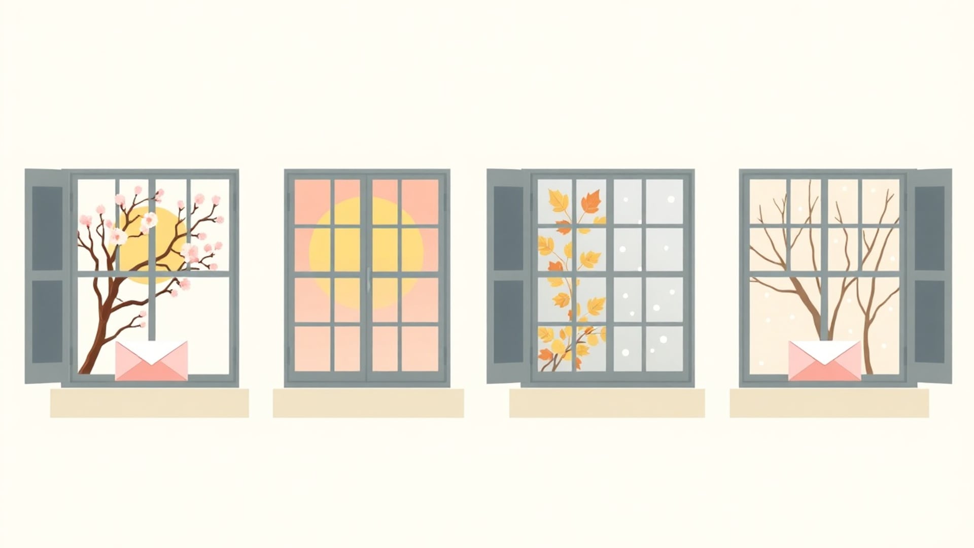 Illustration of four seasonal windows in a row, spring blossom, summer sun, autumn leaves and winter snow
