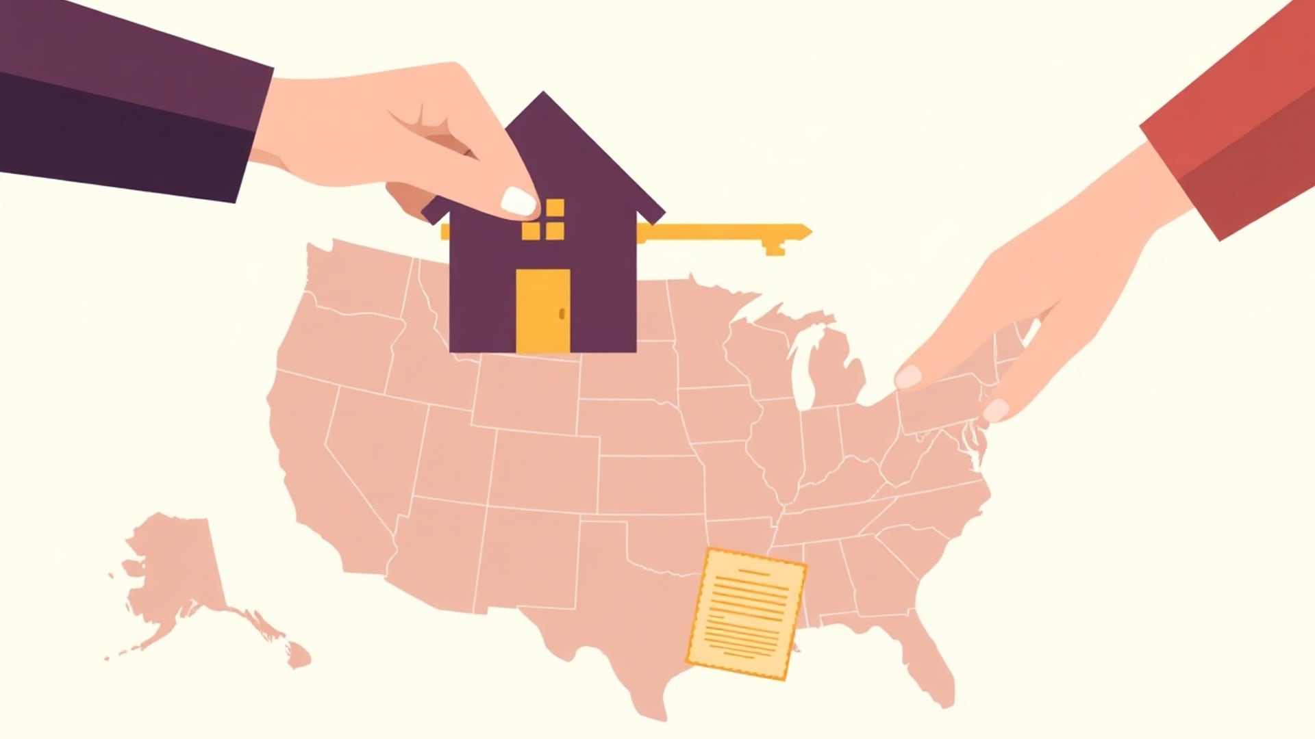 Illustration of a hand passing a house and a key across a map of the United States