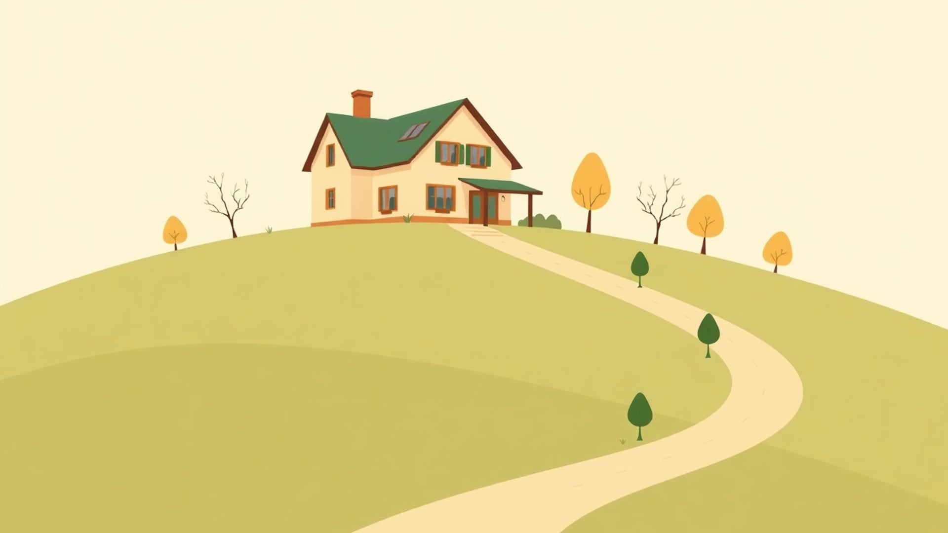 Illustration of a family house on a gentle hill with a winding path leading up to it