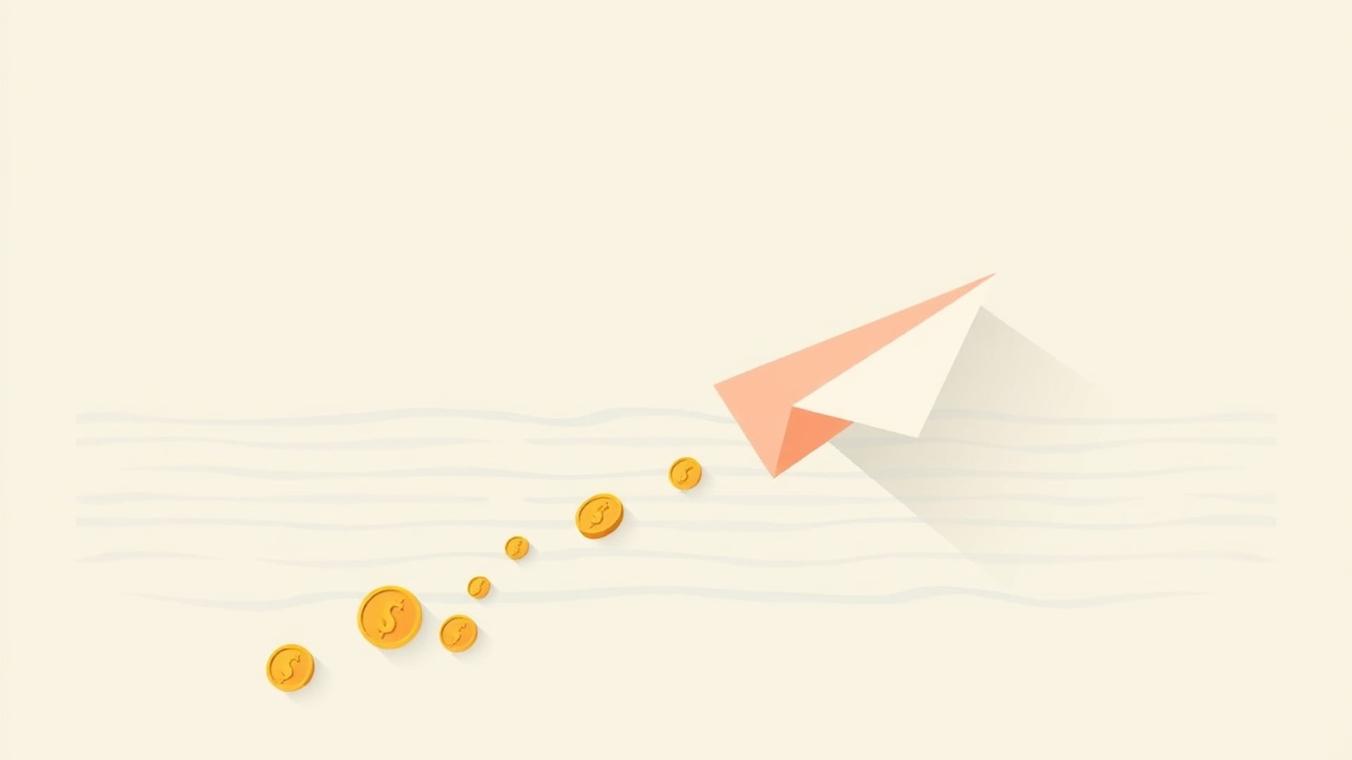Illustration of a paper airplane flying over the sea, trailed by a line of coins