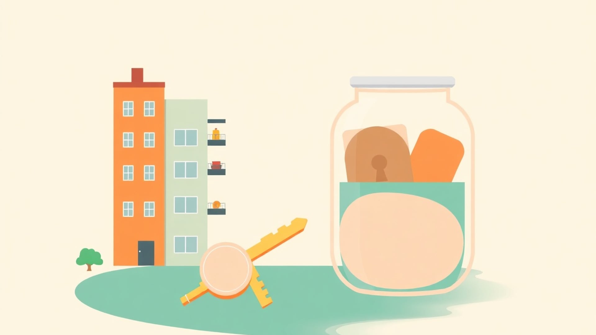 Illustration of an apartment building cut away to show its rooms, a large key and a household budget jar