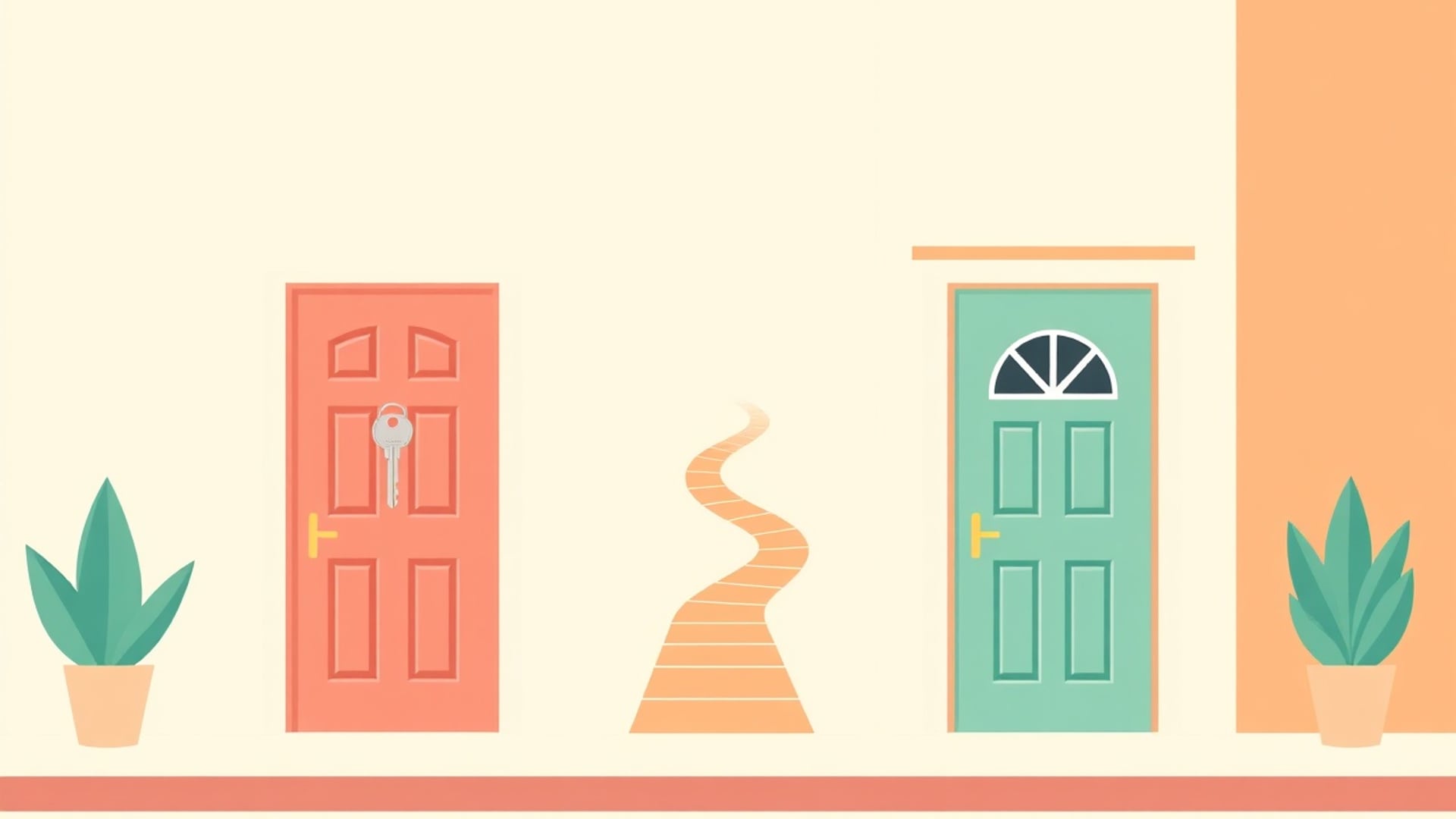 Illustration of two front doors side by side on a sunny street, one with a rental key and one with a house key
