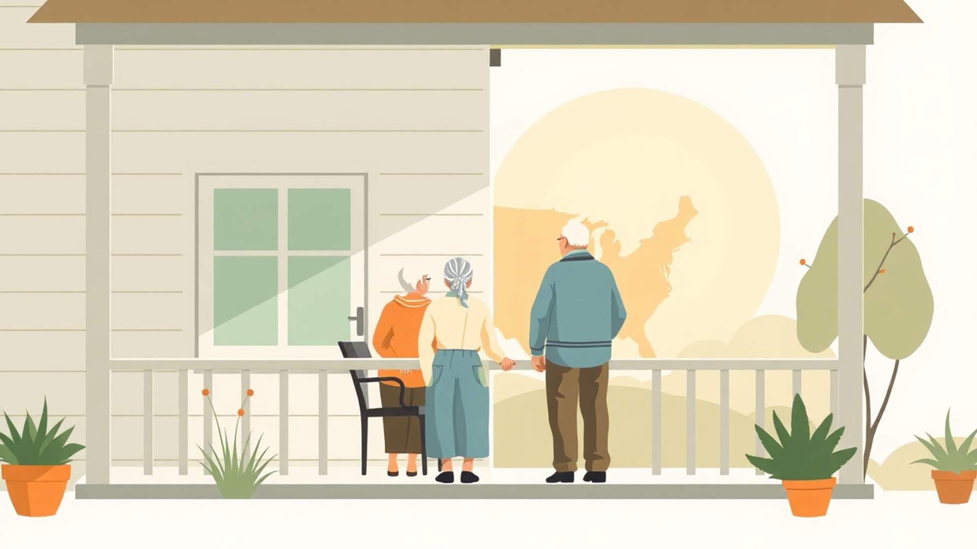 Illustration of an older couple on a porch of a modest house, a small garden and a stylised map of the United States fading