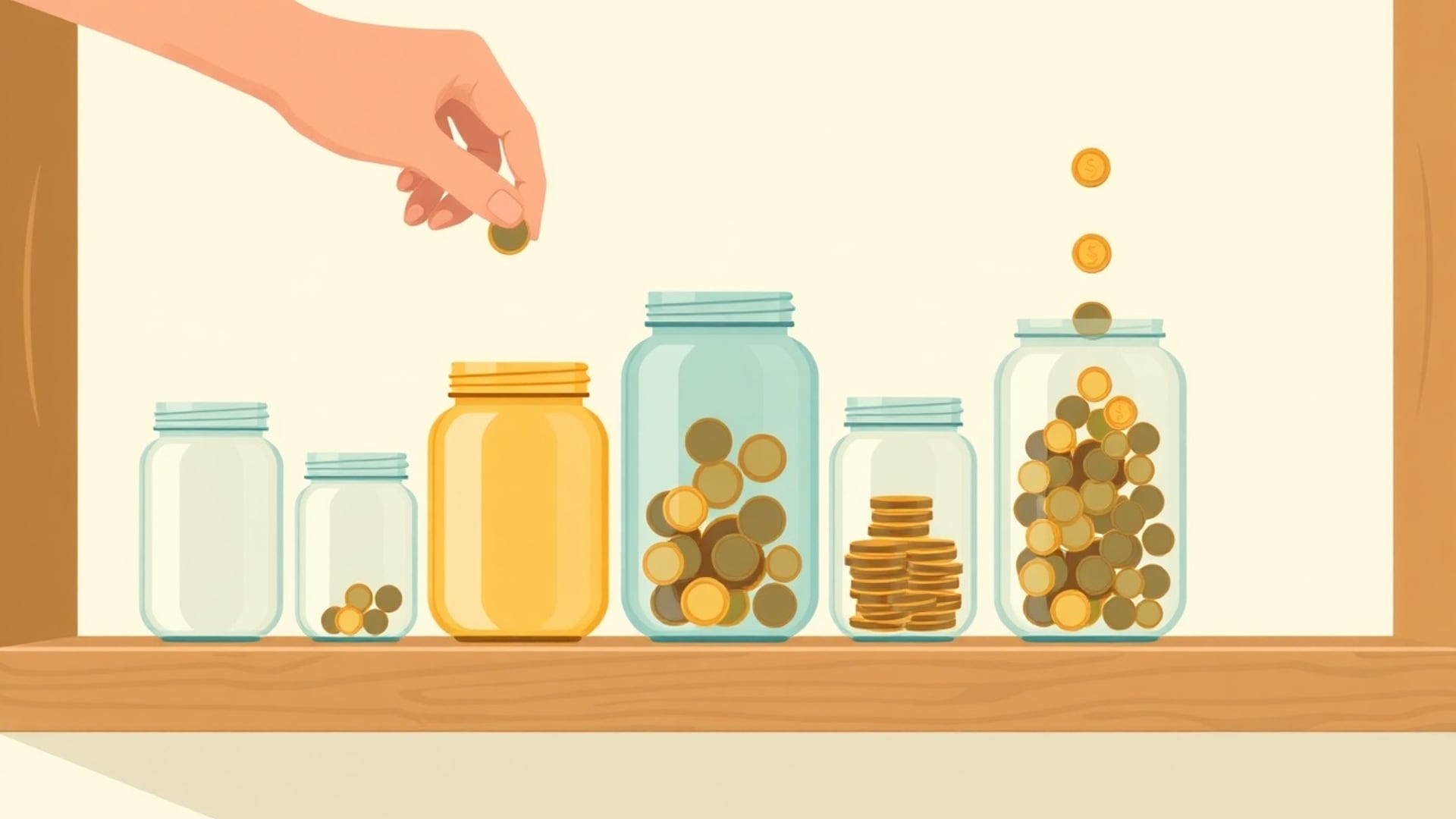 Illustration of several glass jars of different sizes on a wooden shelf being filled with coins