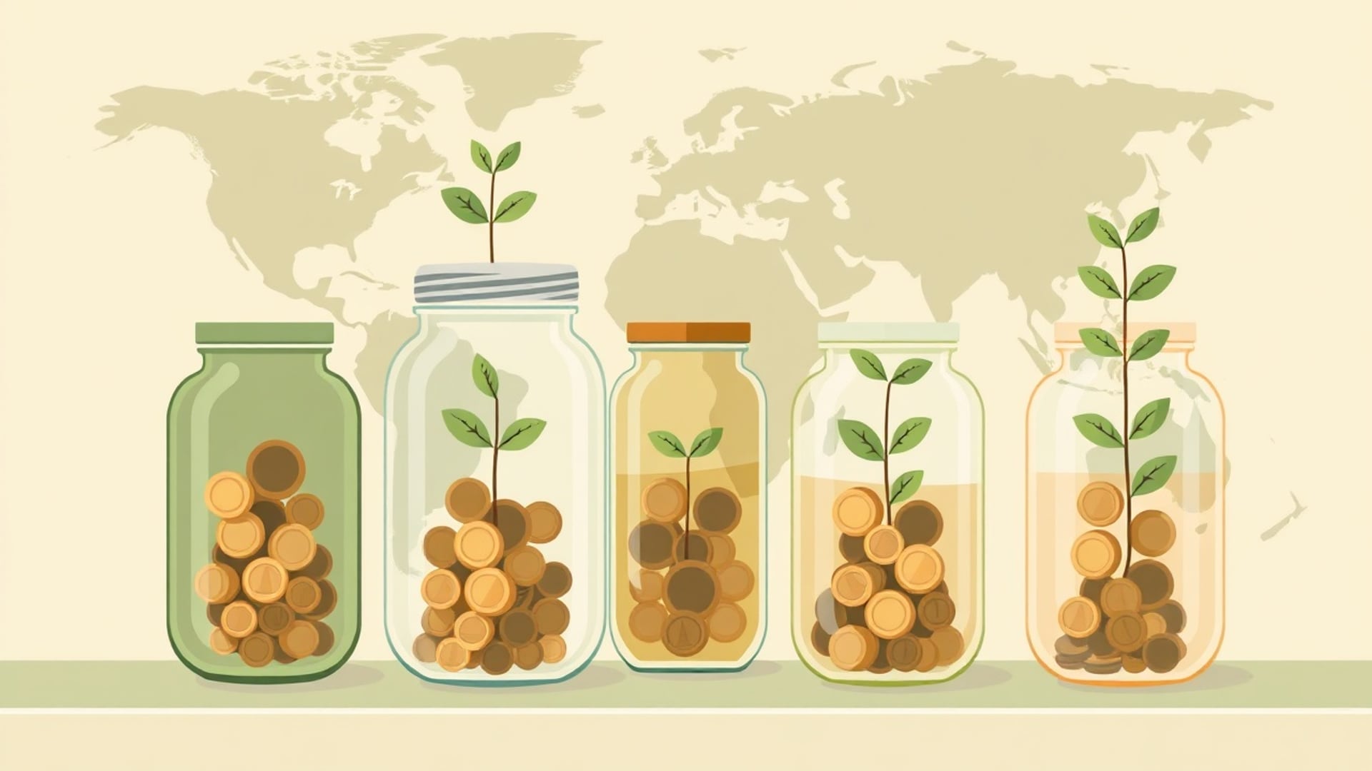 Illustration of four differently shaped jars on a shelf, each with a small plant growing from coins inside