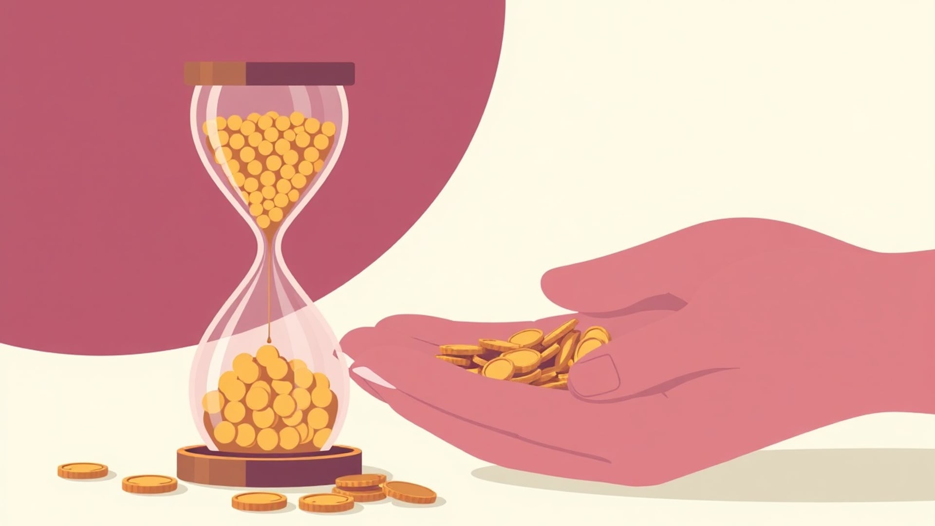 Illustration of an hourglass filled with coins beside an open hand holding coins