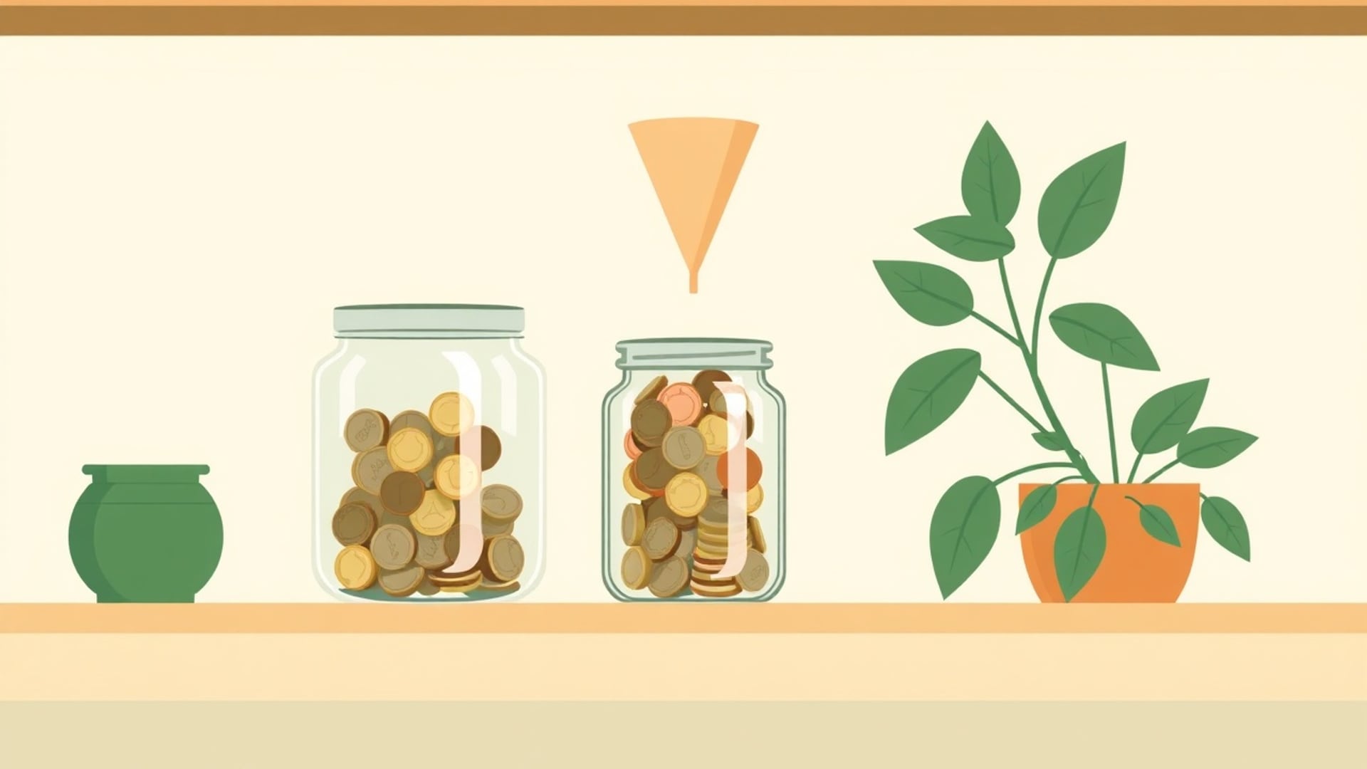 Illustration of two glass jars on a kitchen shelf, one filling with coins and one with a narrowing funnel above it