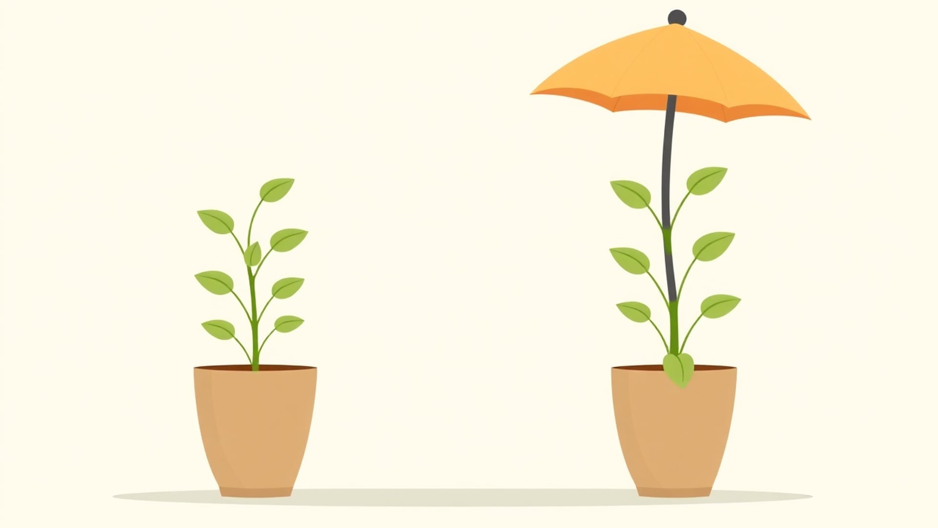 Illustration of two identical seedlings in pots on a balanced scale, one pot shaded by a small umbrella
