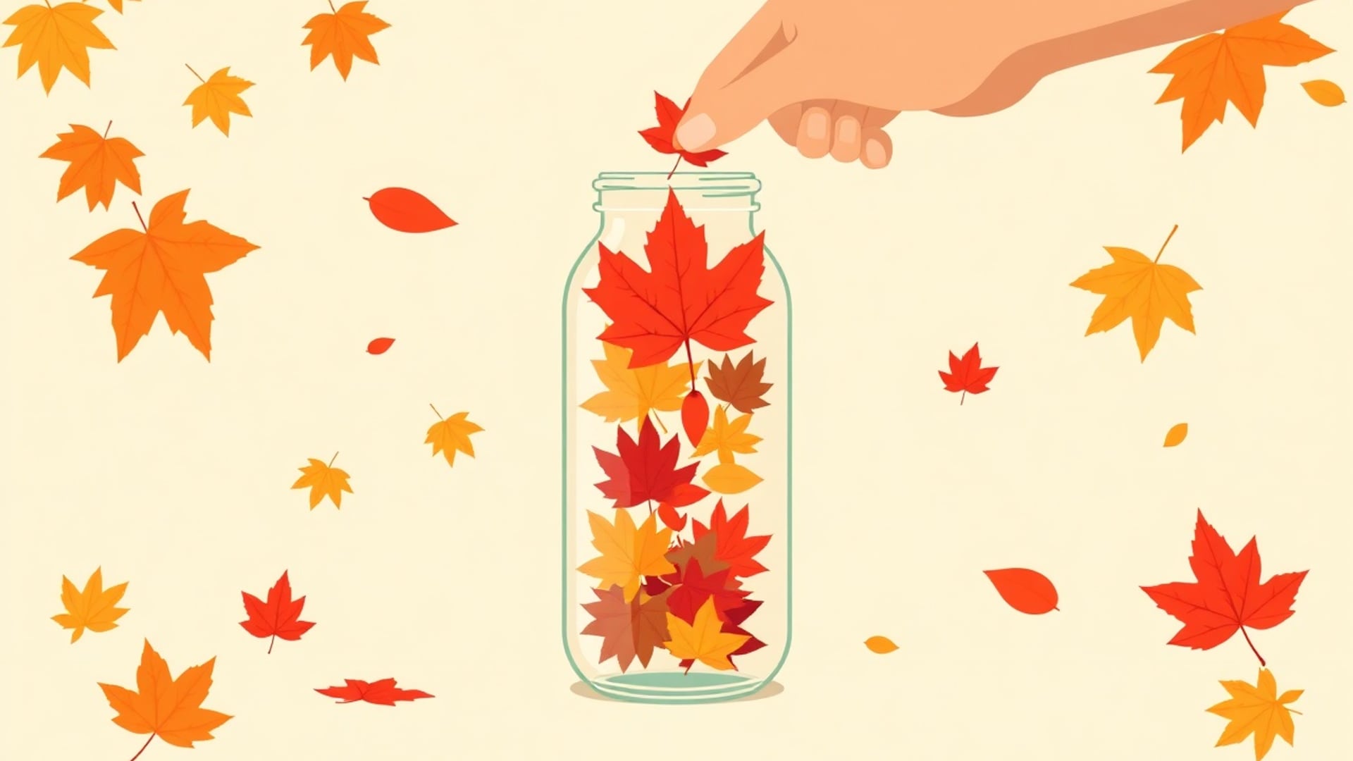 Illustration of a hand placing a red maple leaf into a tall glass jar filled with maple leaves