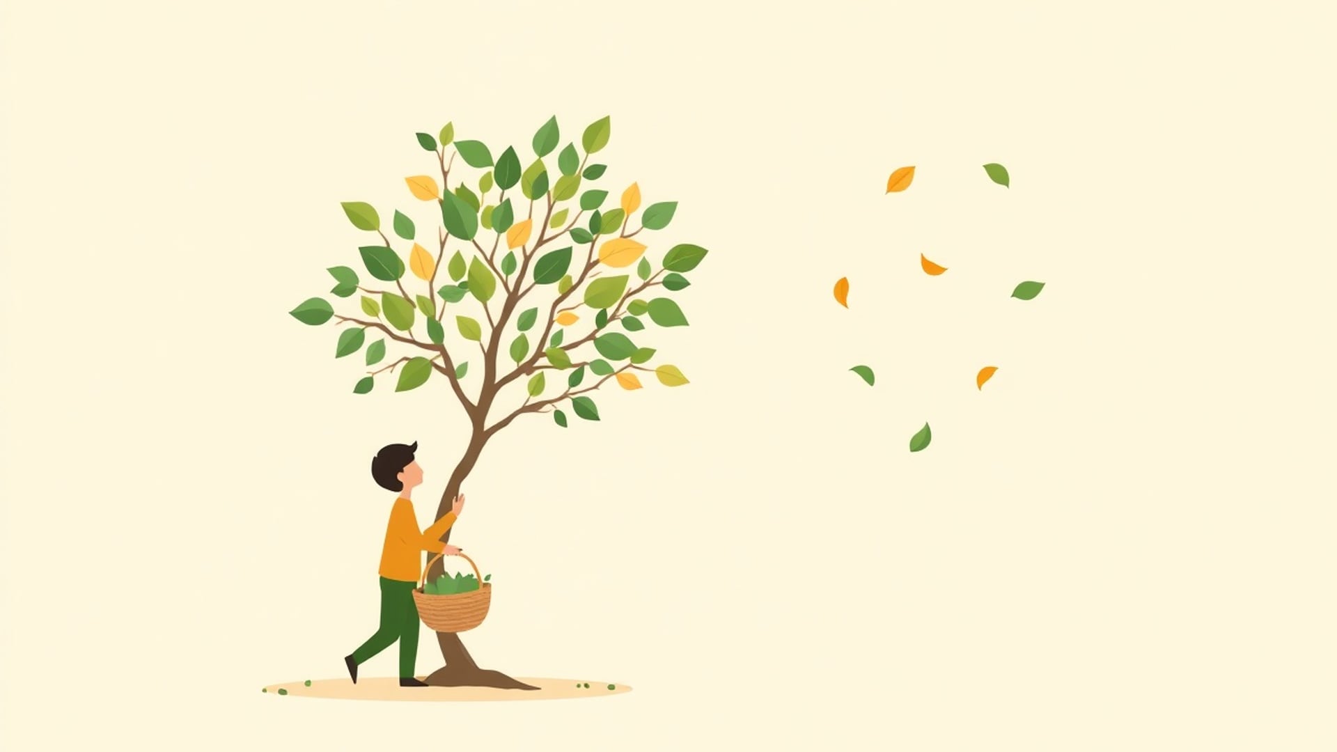 Illustration of a person gathering leaves from a small tree into a basket while some leaves drift away