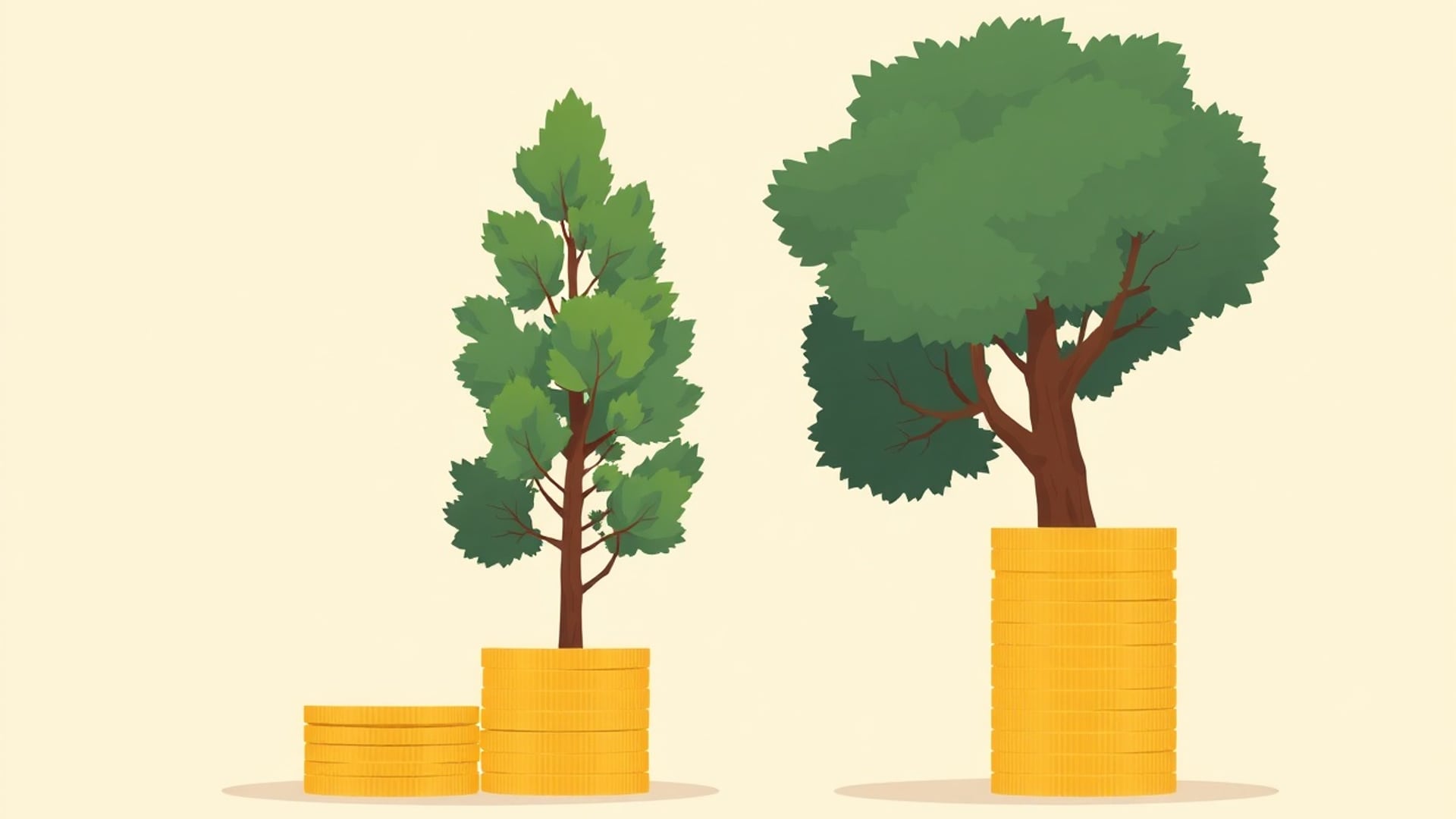 Illustration of a young sapling and a tall tree side by side, each beside a stack of plain unmarked gold coins