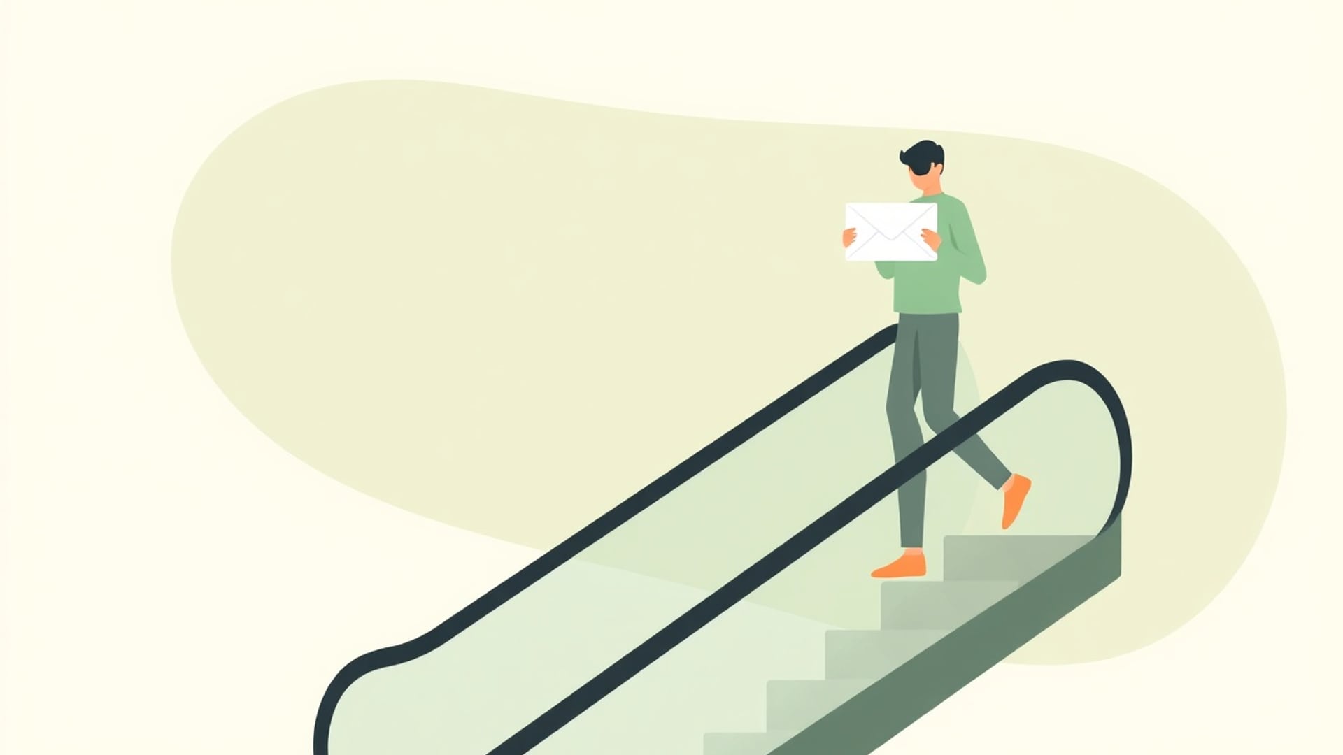 Illustration of a person holding an envelope while riding an escalator upward