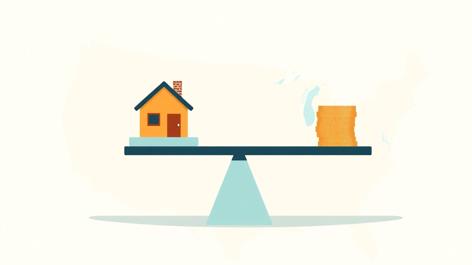 Illustration of a balance scale with a small house on one side and a stack of coins on the other