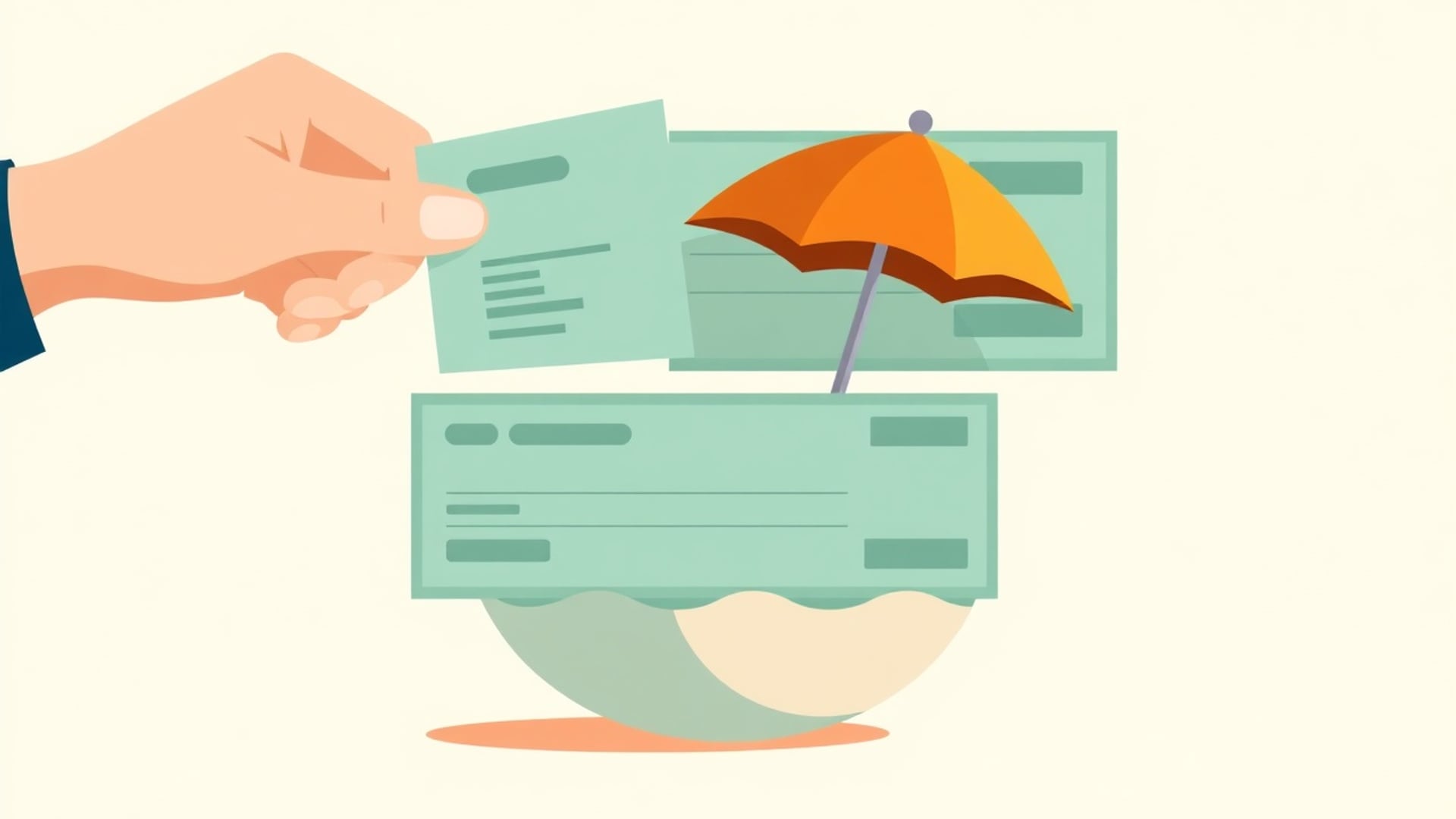 Illustration of a hand splitting a pay slip, with an orange umbrella sheltering one part