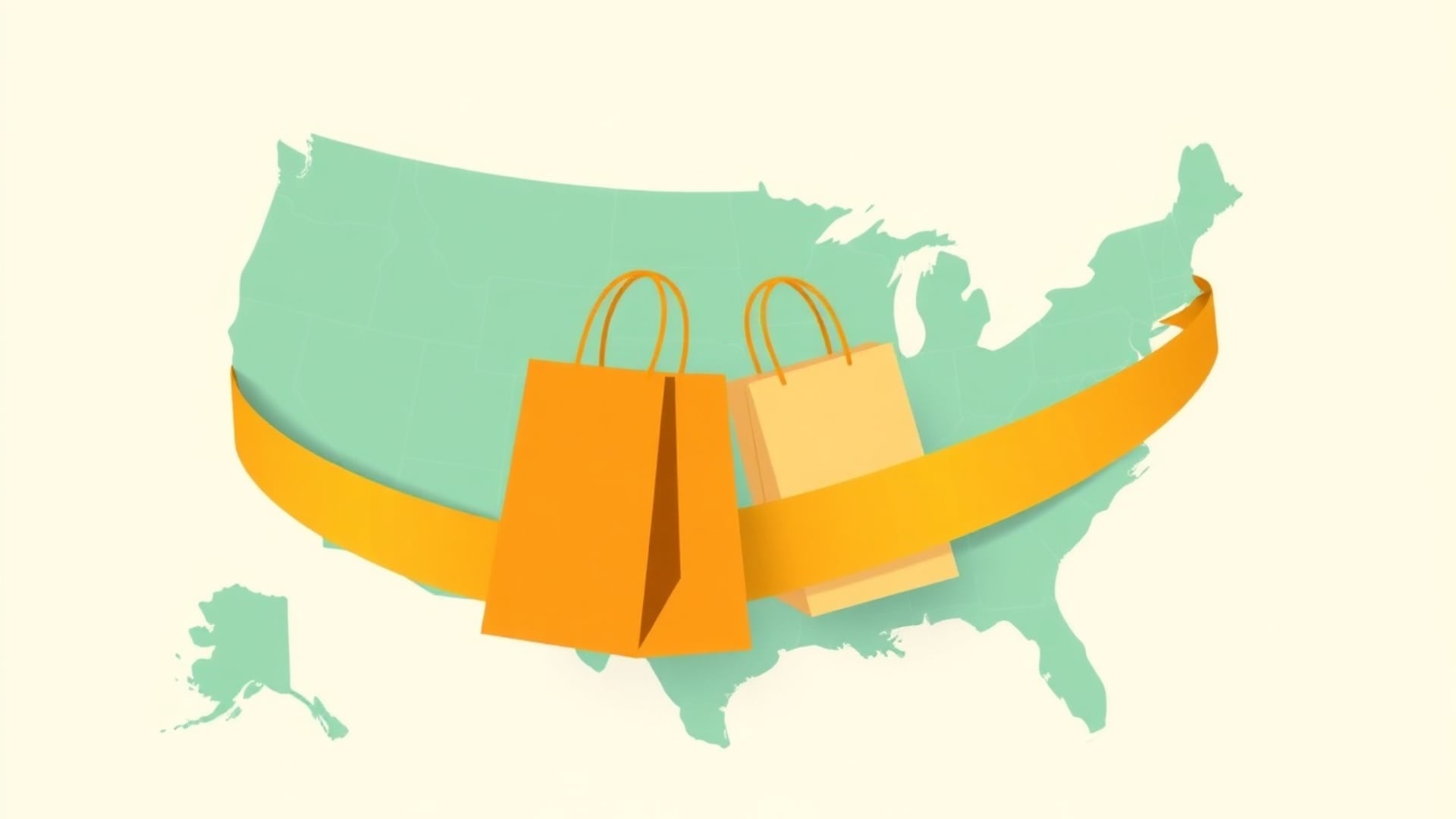 Illustration of two shopping bags and a gold ribbon wrapped across a map of the United States