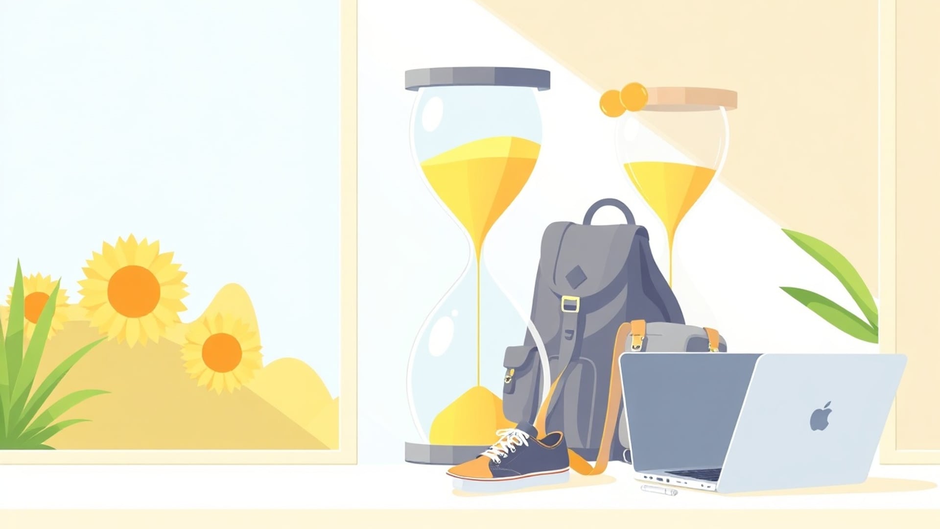 Illustration of hourglasses, a backpack, sneakers and a laptop by a sunny window with sunflowers
