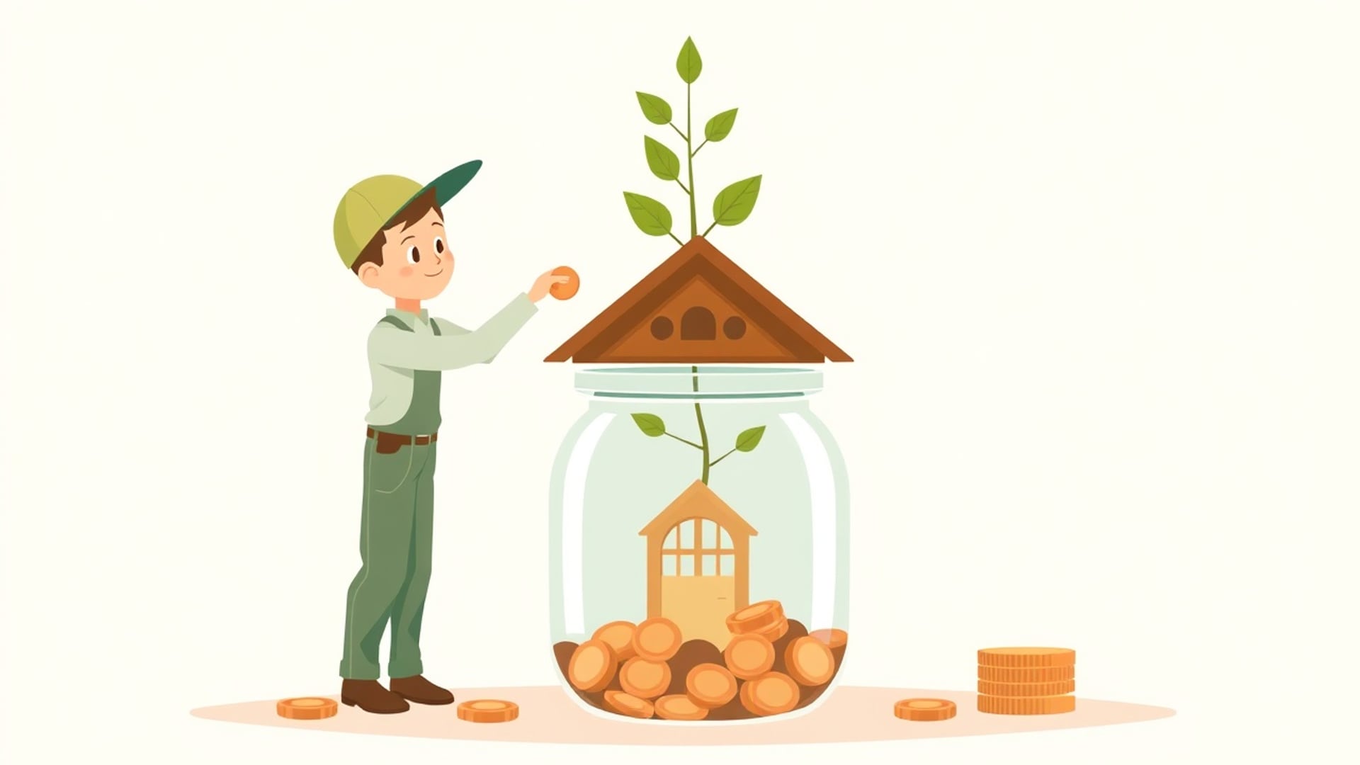 Illustration of a young worker dropping a coin into a glass jar shaped like a small house, a sapling sprouting from the lid
