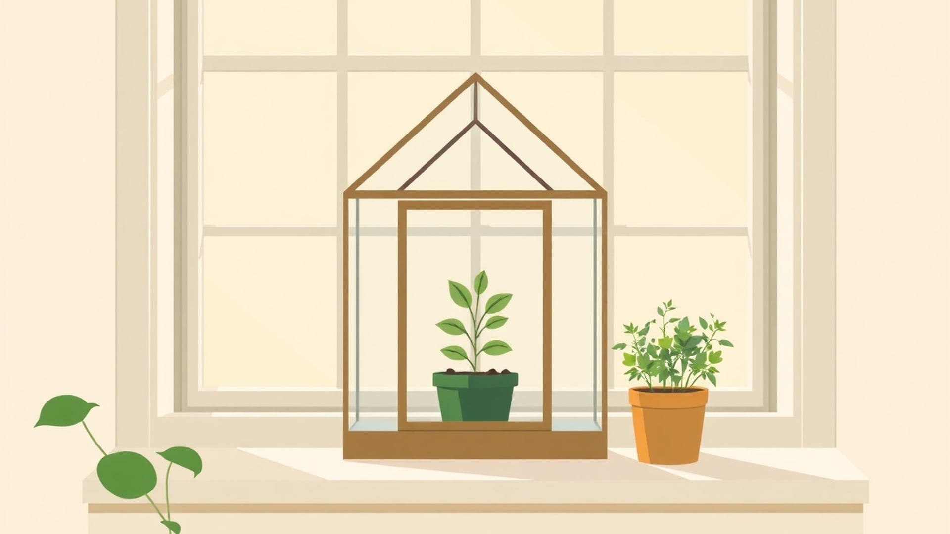 Illustration of a small glass greenhouse on a windowsill with a seedling growing inside it