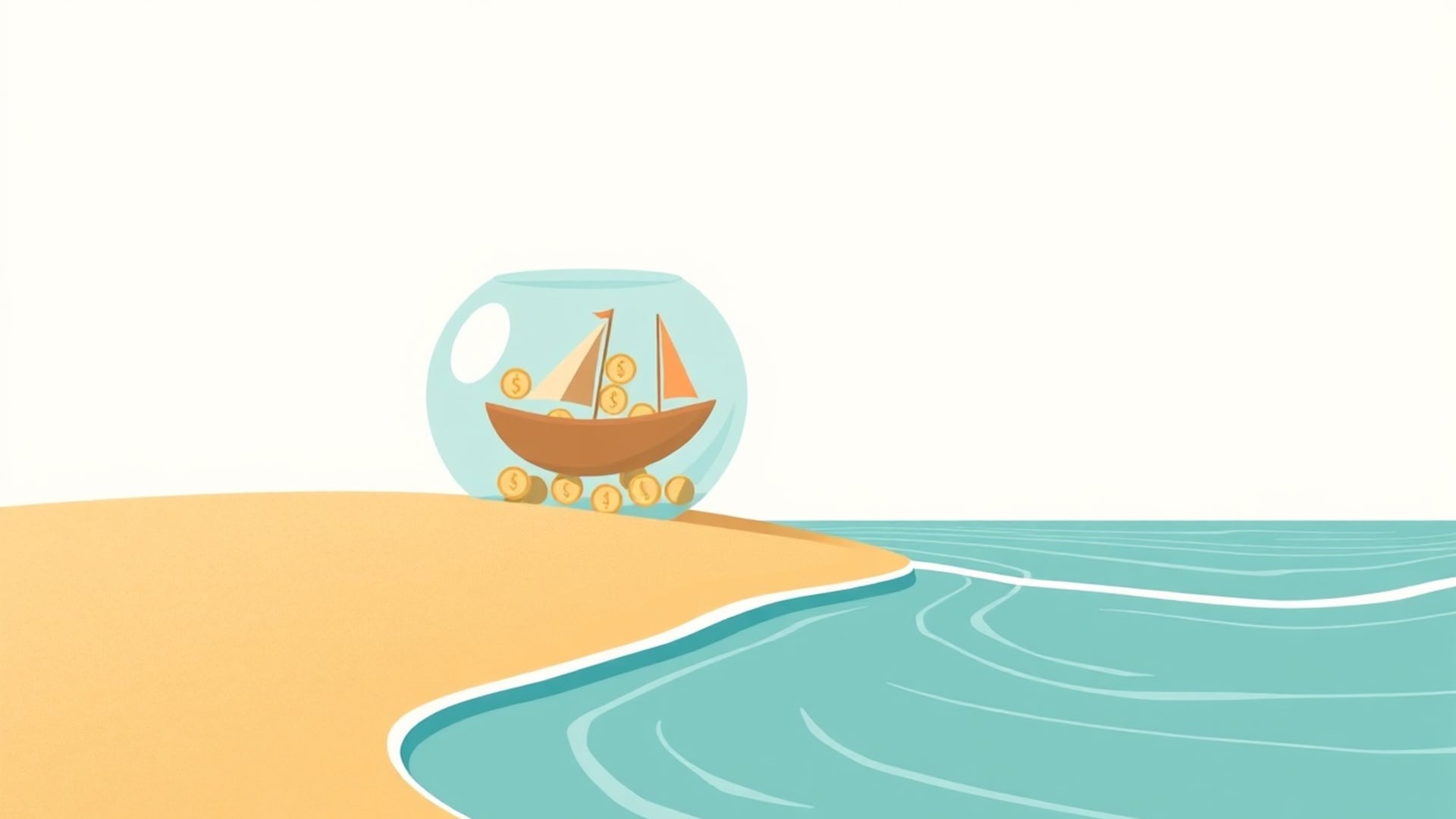 Illustration of a glass bowl holding a small boat of coins at the edge of a rising tide