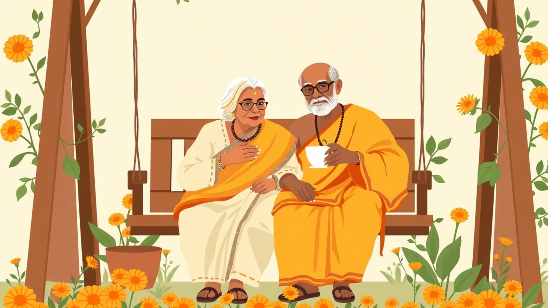Illustration of a retired Indian couple on a garden swing among marigolds, one holding a cup of tea