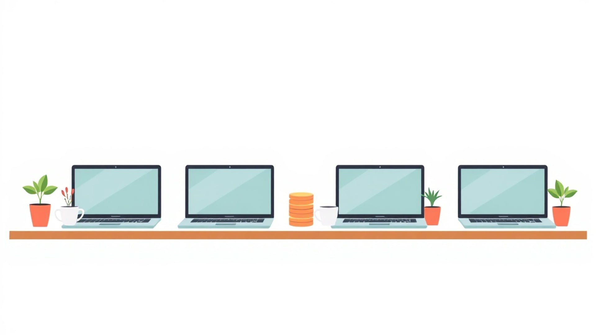 Illustration of six laptops on a long shared co-working table, coins stacked beside each at varied heights