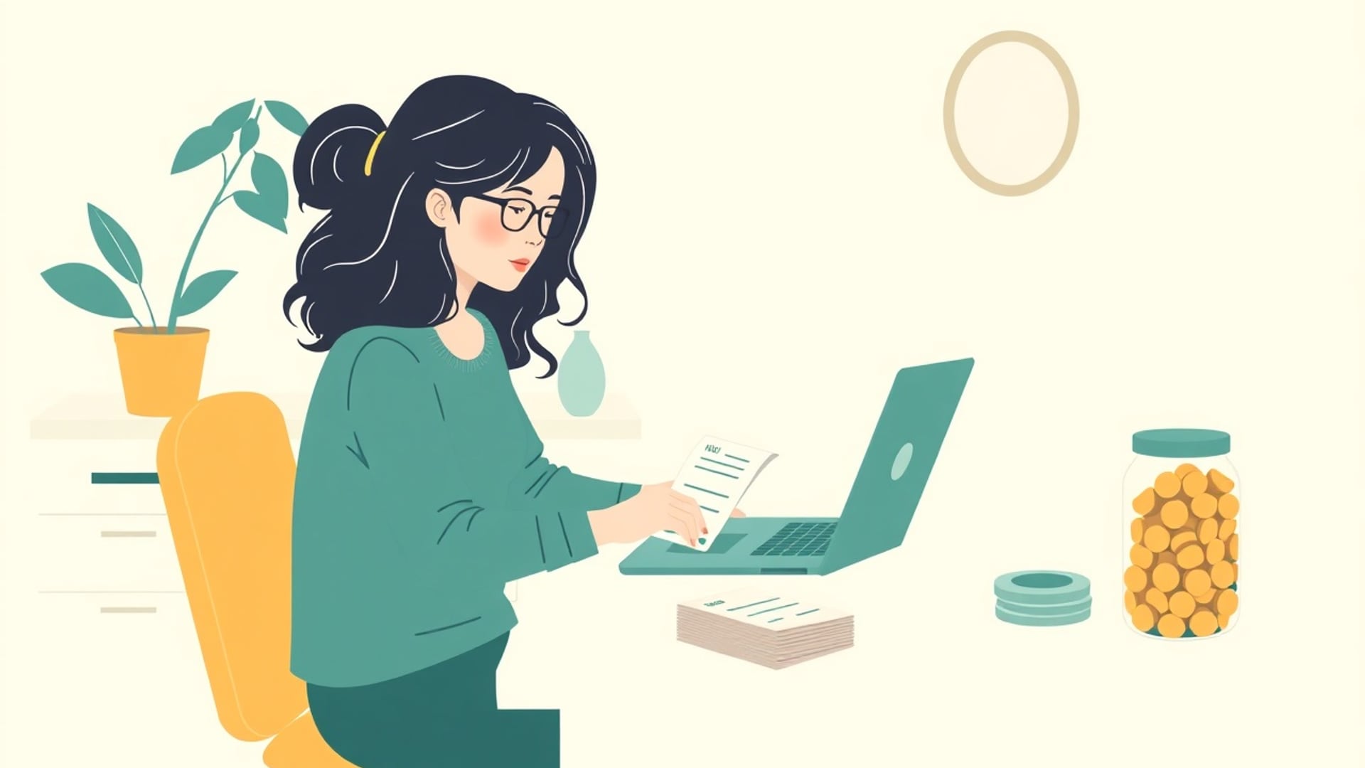 Illustration of a freelancer typing on a laptop at a desk beside a jar of coins and a plant