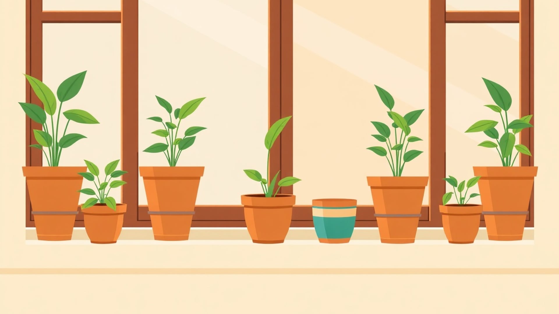 Illustration of a row of terracotta pots on a windowsill, each holding a progressively taller money plant
