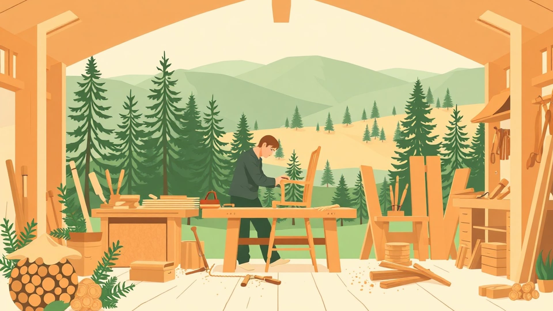 Illustration of a woodworker shaping a chair at a bench inside an open wooden workshop among pine trees and hills