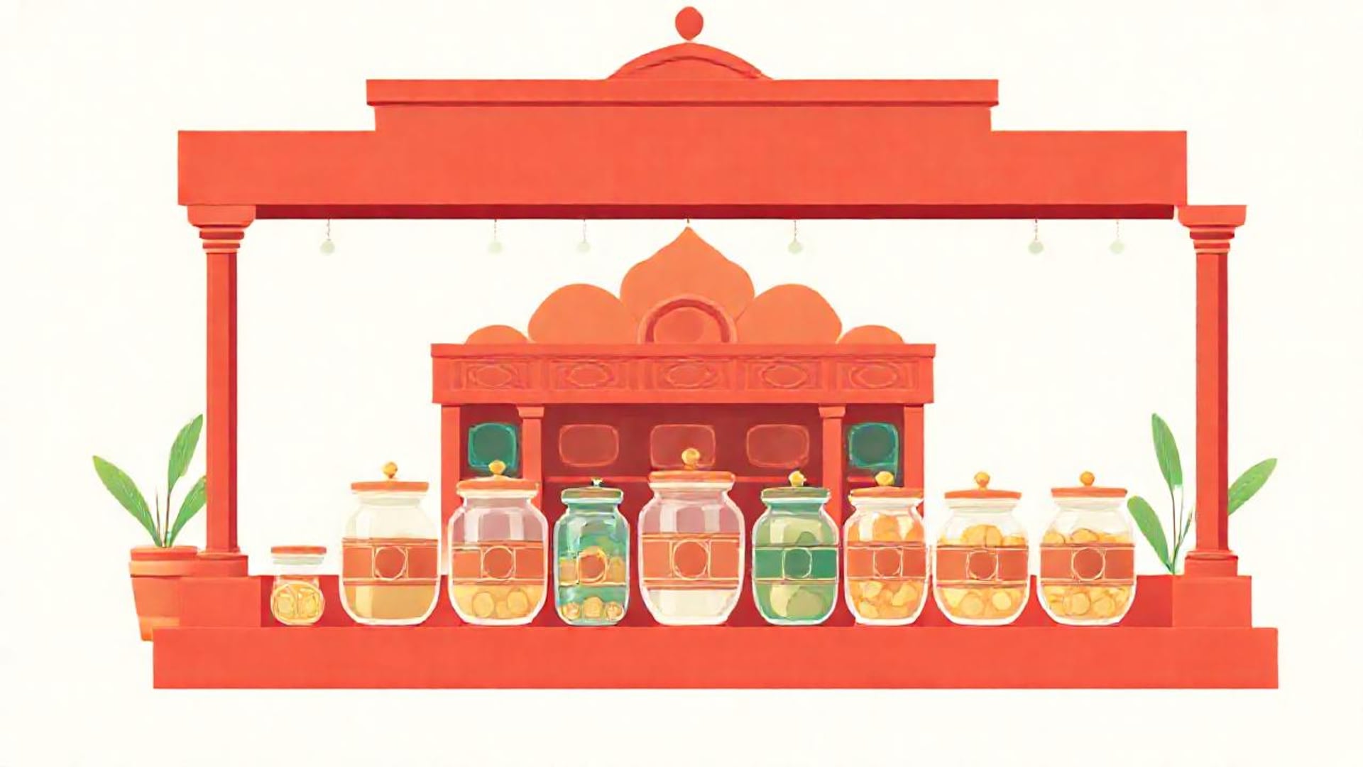 Illustration of a row of glass savings jars of different shapes on a red ornamental counter