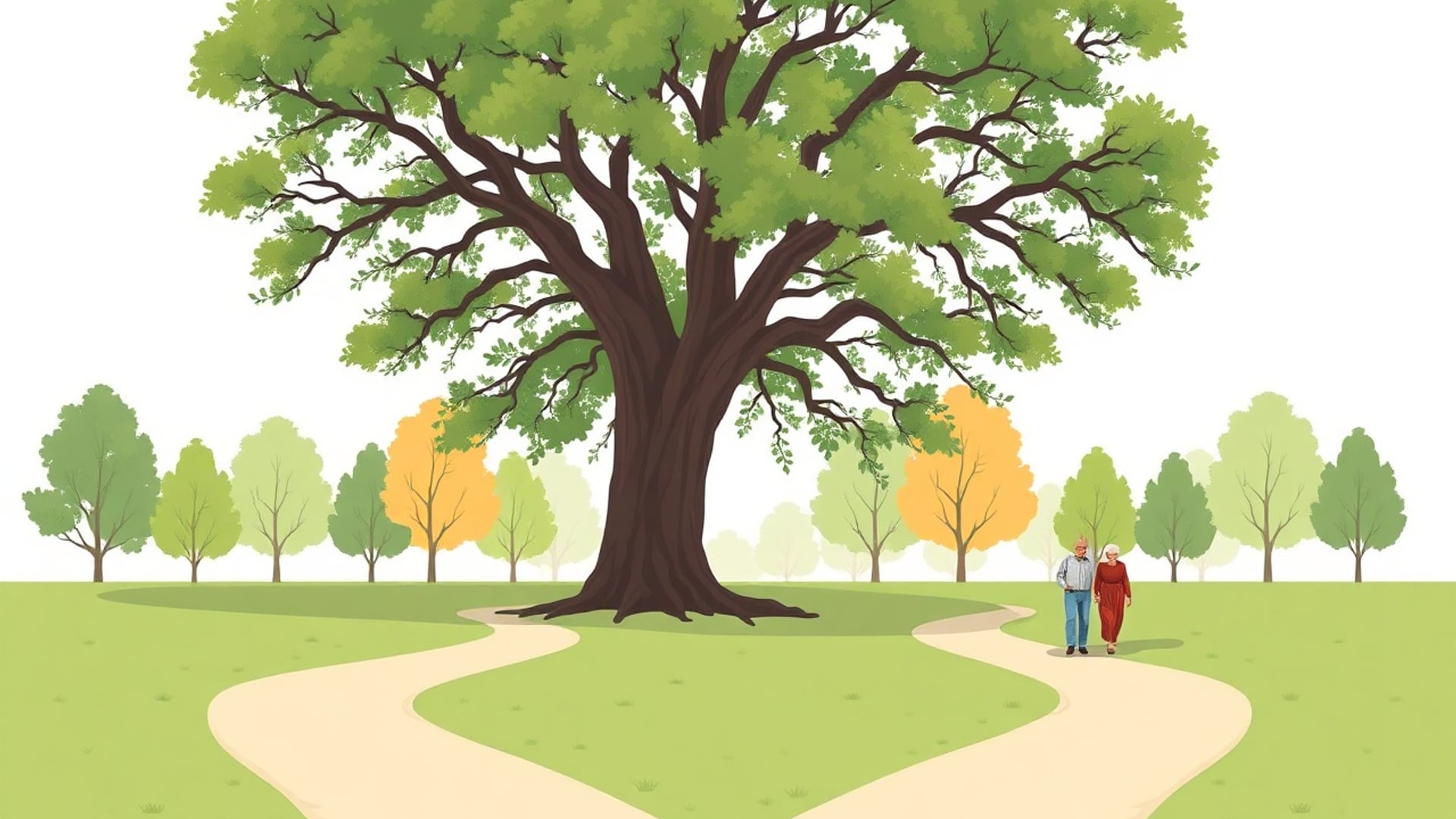 Illustration of two paths through a park that start apart and meet further along beneath a large oak
