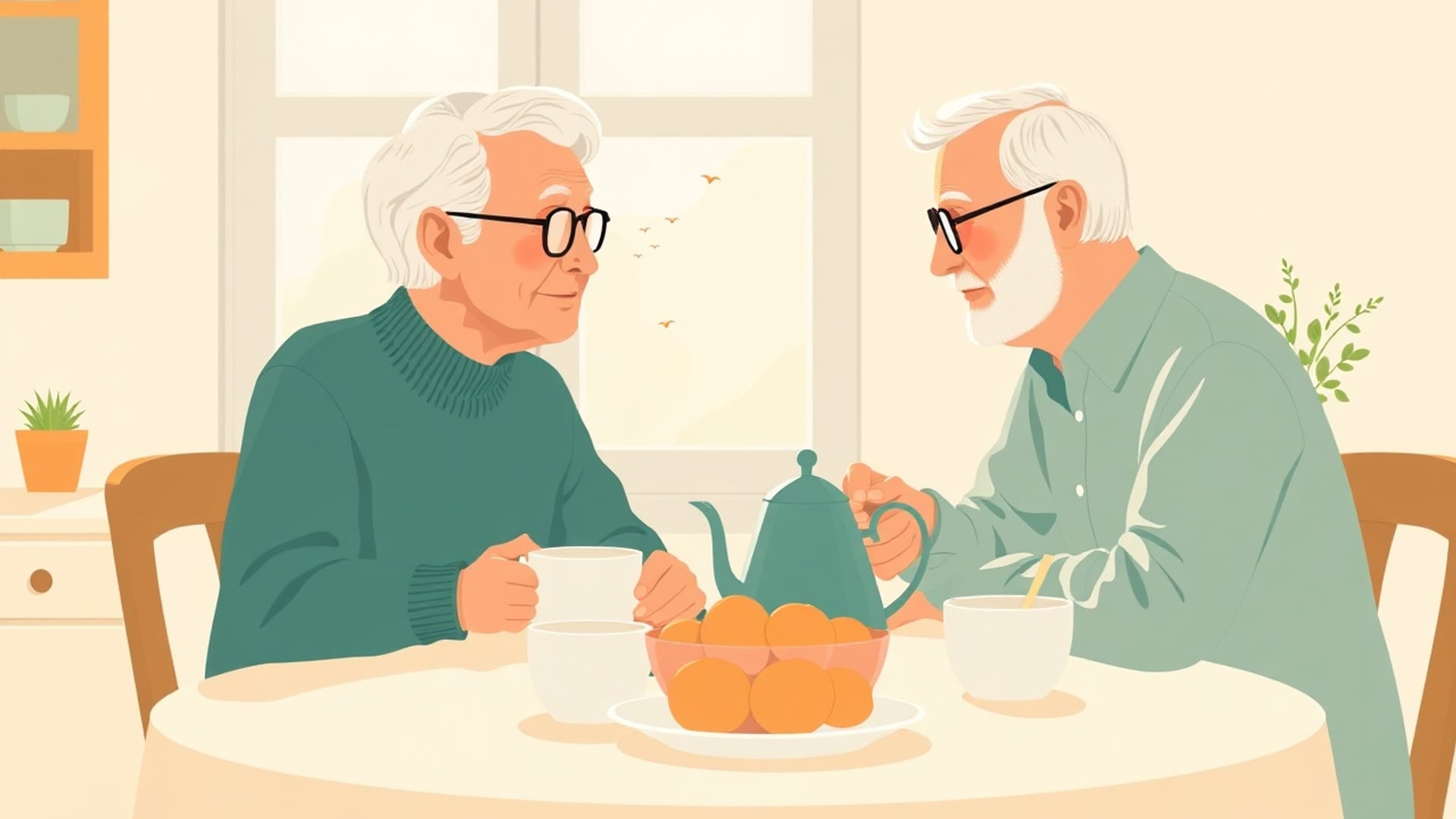 Illustration of an older couple sharing breakfast at a sunny kitchen table, a teapot and two mugs, a bowl of oranges