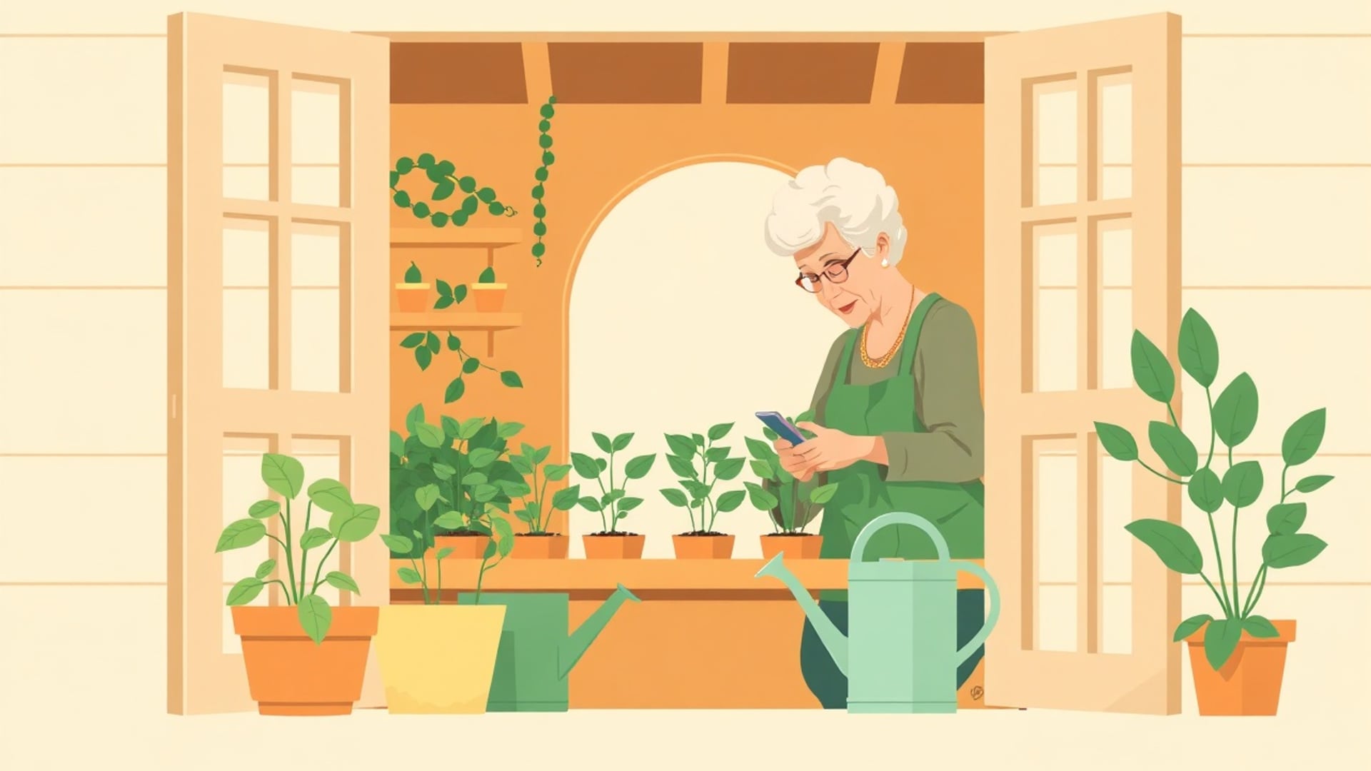 Illustration of an older woman tending seedlings at a sunny potting bench in a garden shed doorway, watering can beside her