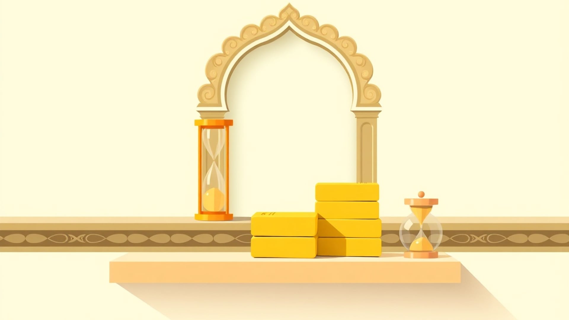 Illustration of a neat stack of plain gold bars and a small hourglass on a clean shelf