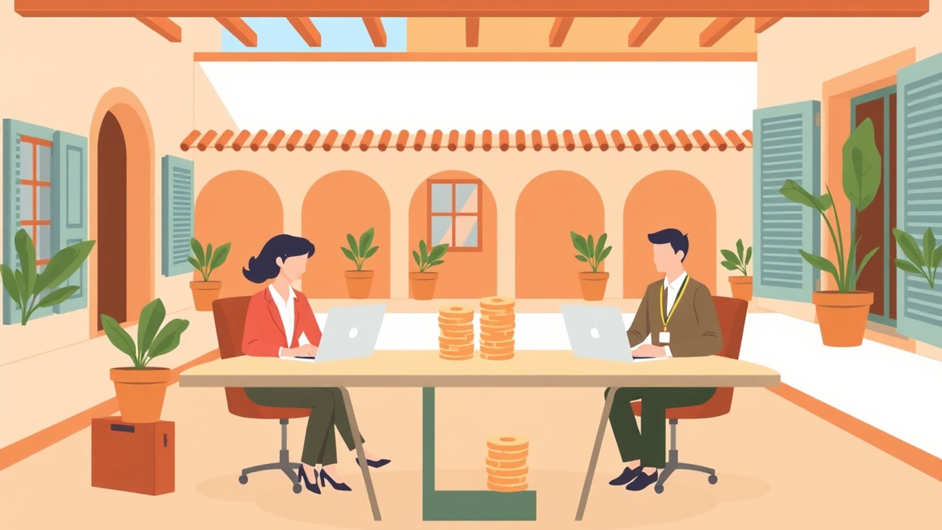 Illustration of two people at desks in a sunny Spanish courtyard, one with a laptop and briefcase