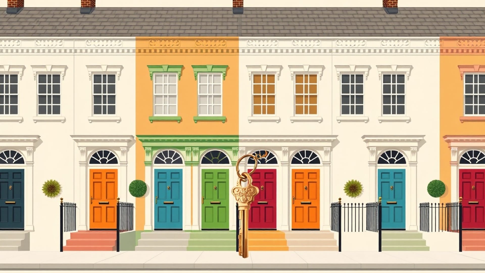 Illustration of a row of British terraced houses with colourful front doors and a hand holding out a plain brass house key
