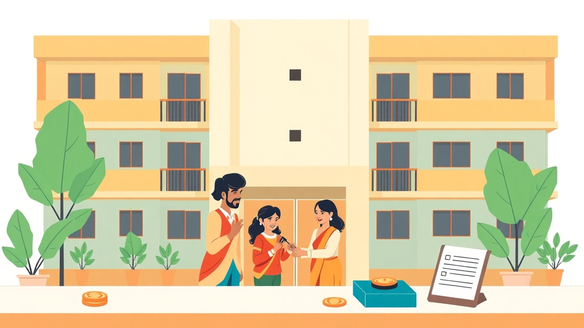 Illustration of a family receiving keys at a counter in front of a new apartment building