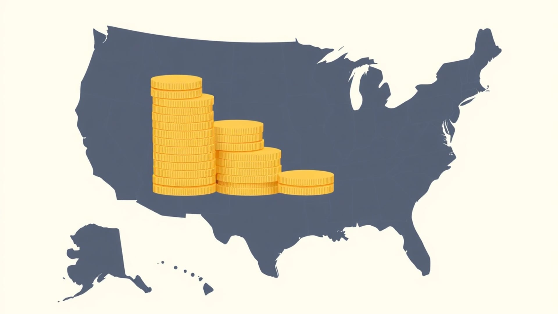 Illustration of a staircase of stacked coins rising across a stylised map of the United States