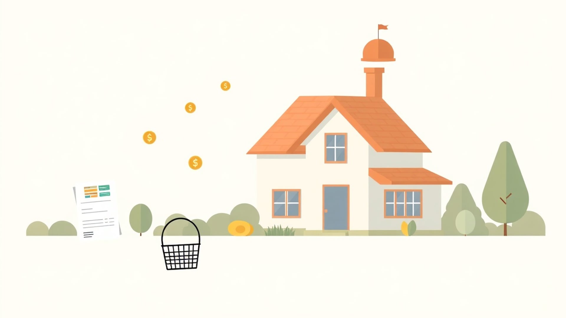 Illustration of a family home with three gentle streams of coins flowing from a paycheck