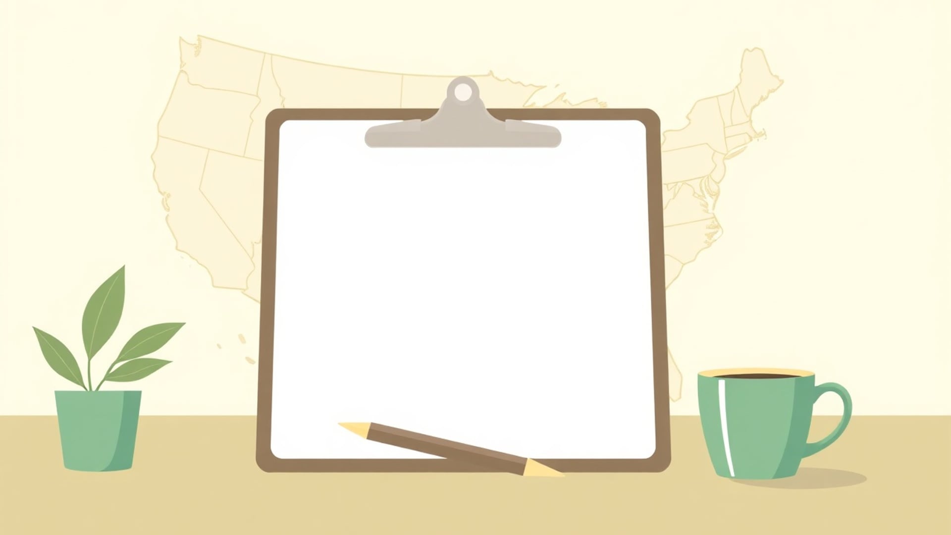 Illustration of a blank clipboard, a pencil, a plant and a coffee cup on a desk